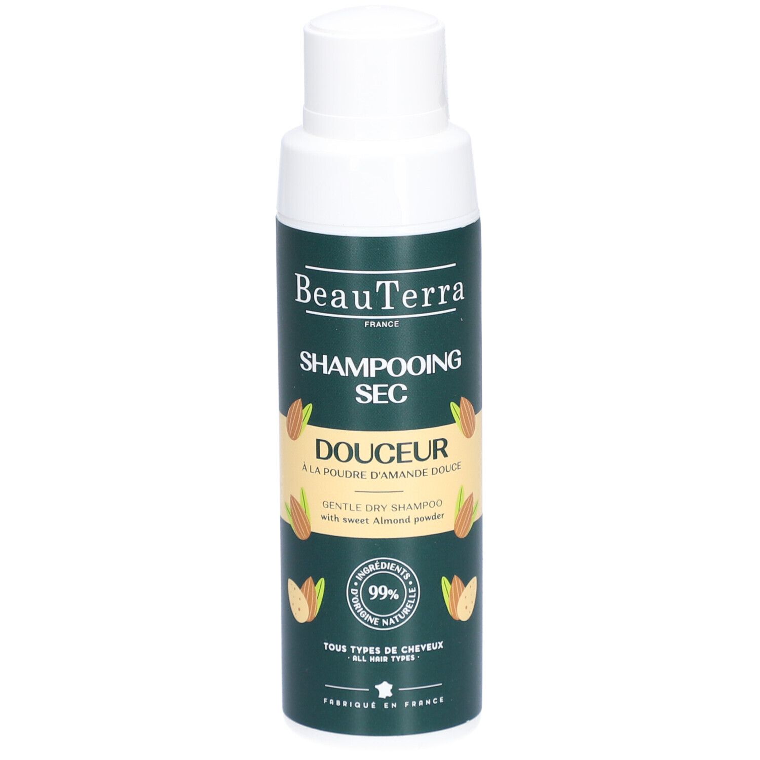 Groene shampoo fles met witte dop. Opschrift: BeauTerra, Shampooing Sec, Douceur, 99% ingrediënten van natuurlijke oorsprong.
