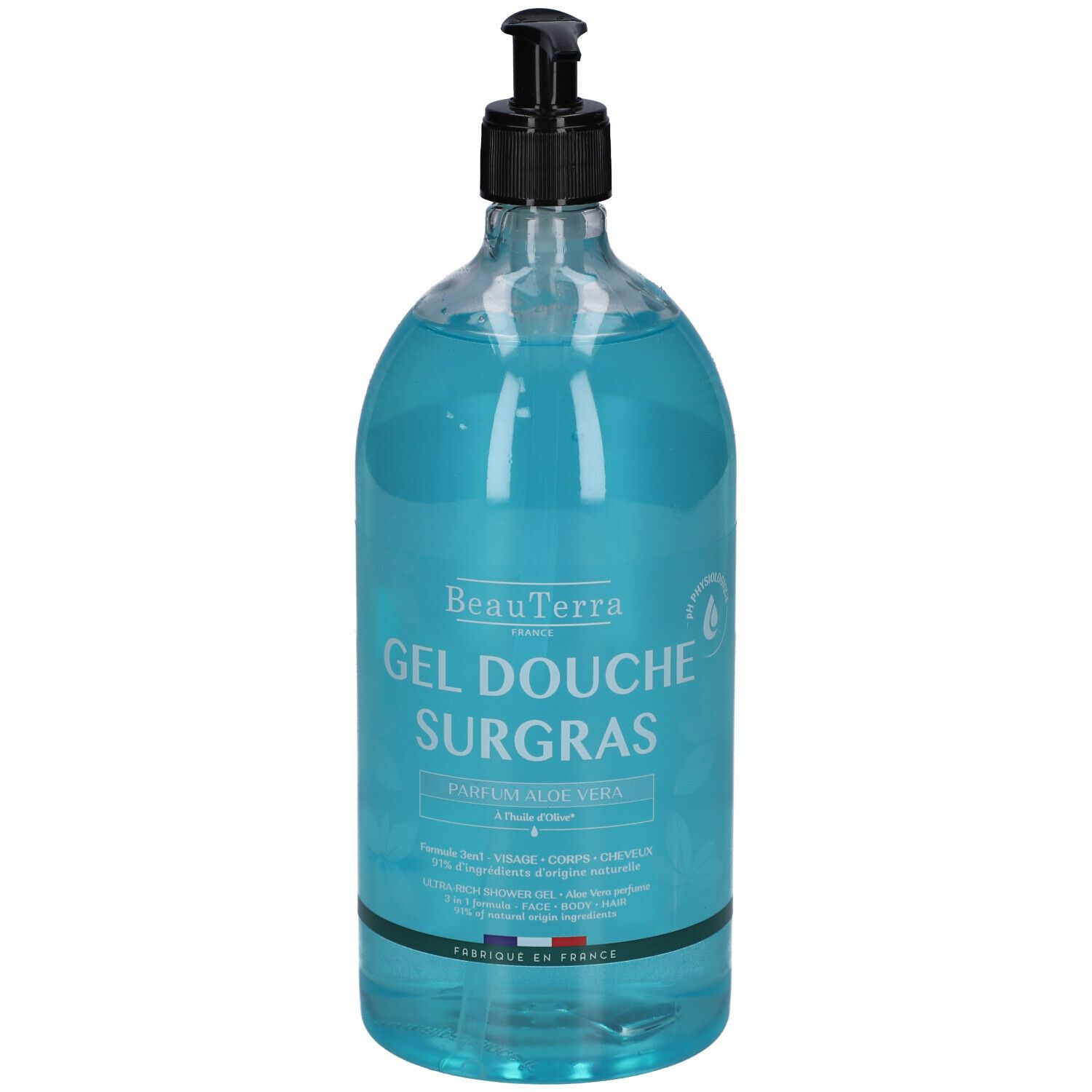 Flacon transparent de gel douche bleu. Distributeur noir. Inscription: Gel Douche Surgras, Parfum Aloe Vera.