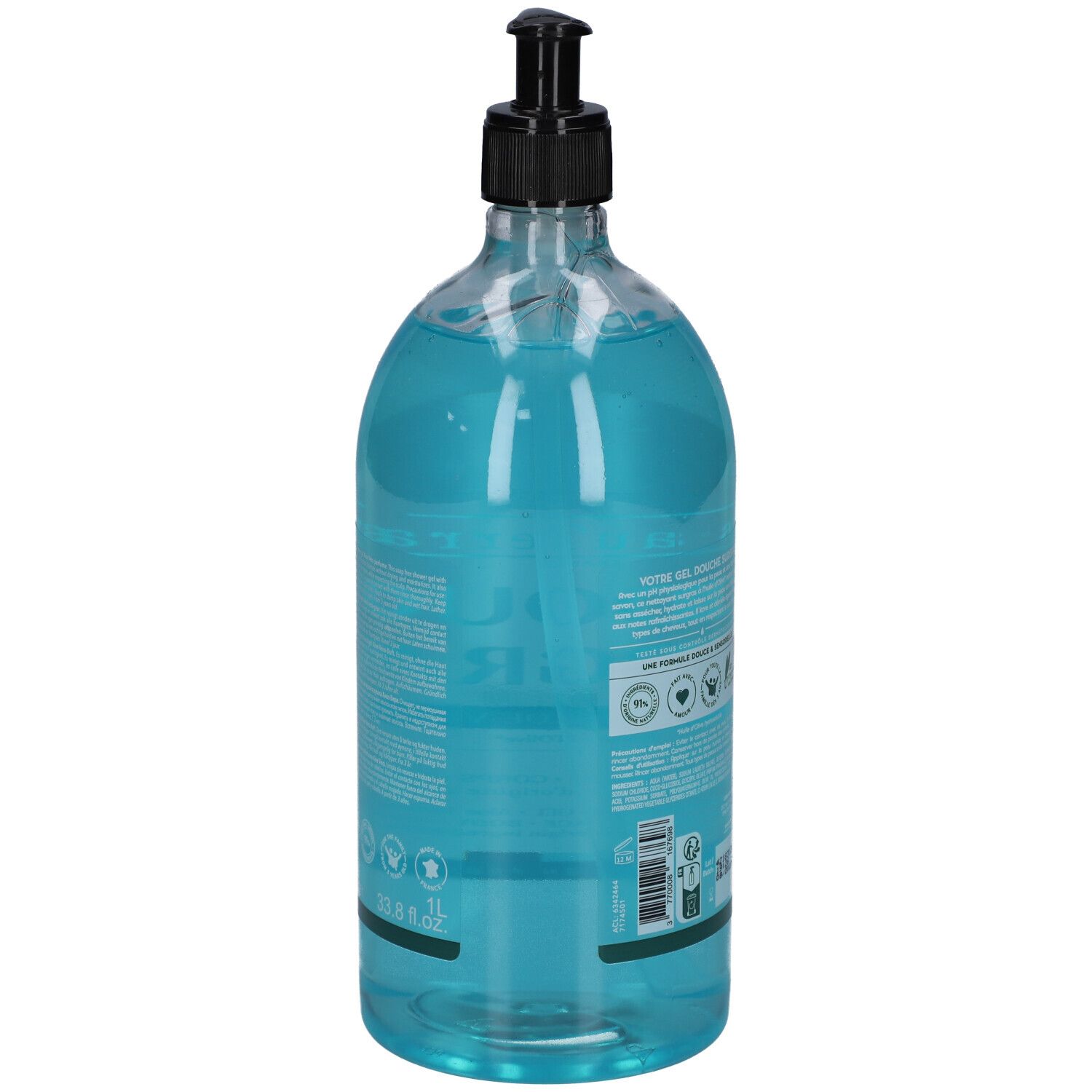 Dos du flacon transparent de gel douche bleu. Distributeur noir. Texte et logos.