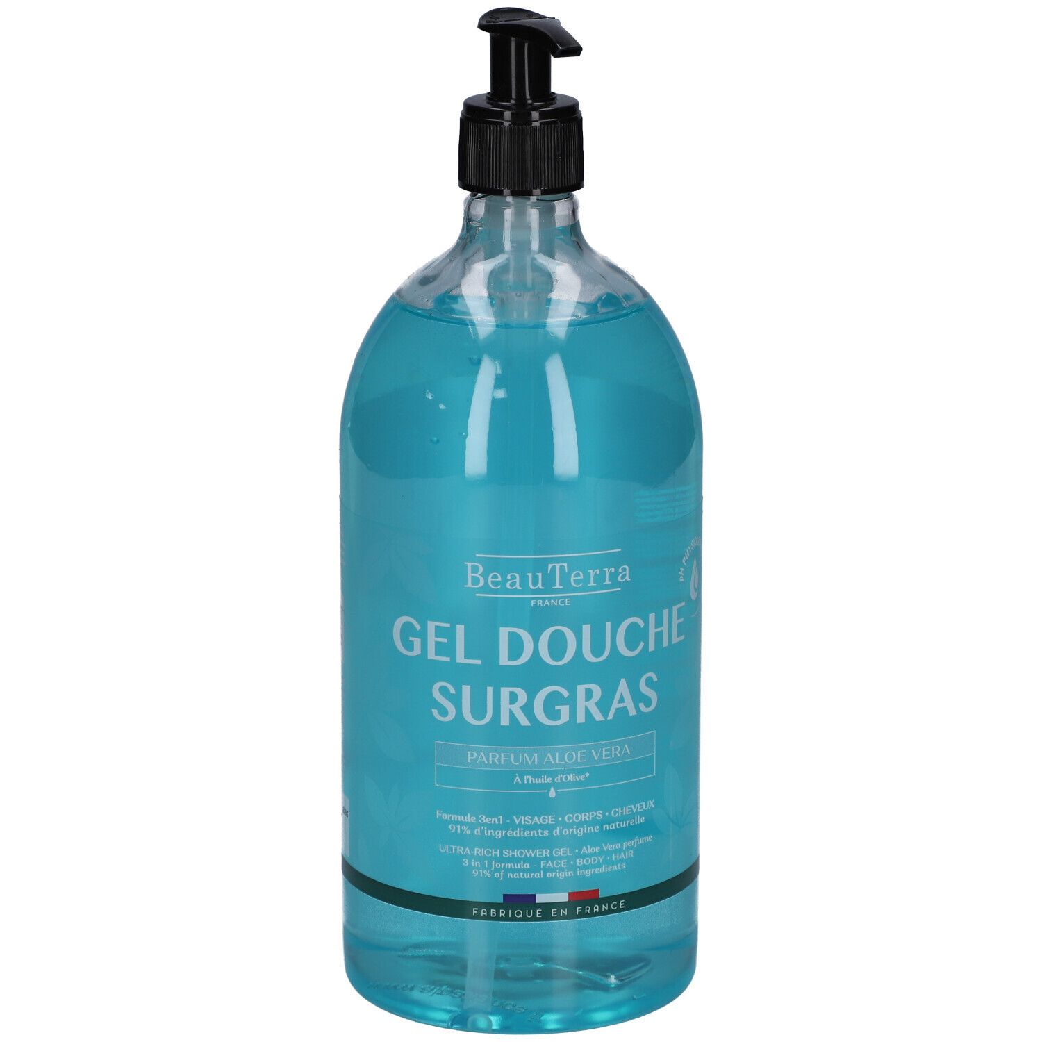 Flacon transparent de gel douche bleu. Distributeur noir. Inscription: Gel Douche Surgras, Parfum Aloe Vera.