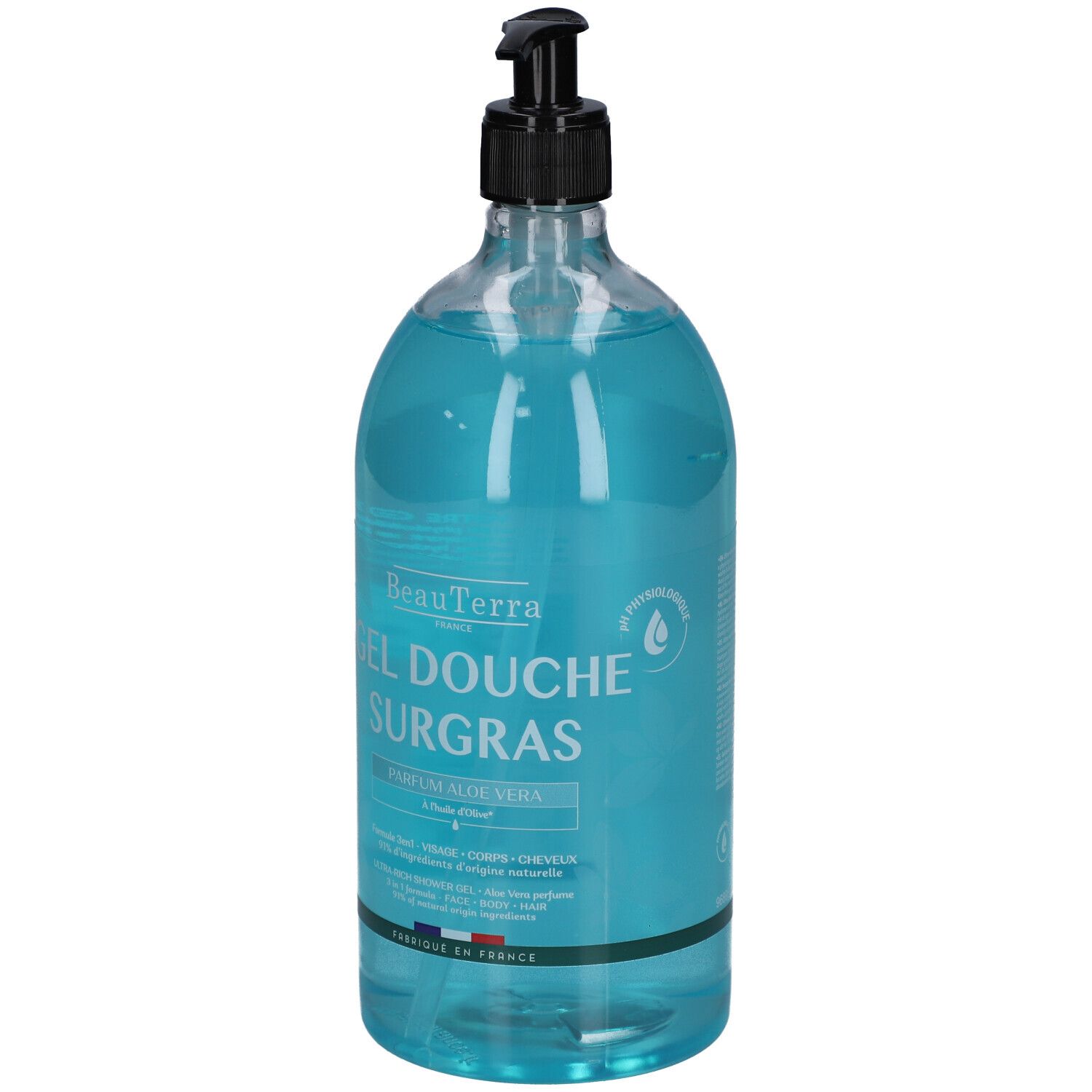 Flacon transparent de gel douche bleu. Distributeur noir. Inscription: Gel Douche Surgras, Parfum Aloe Vera.