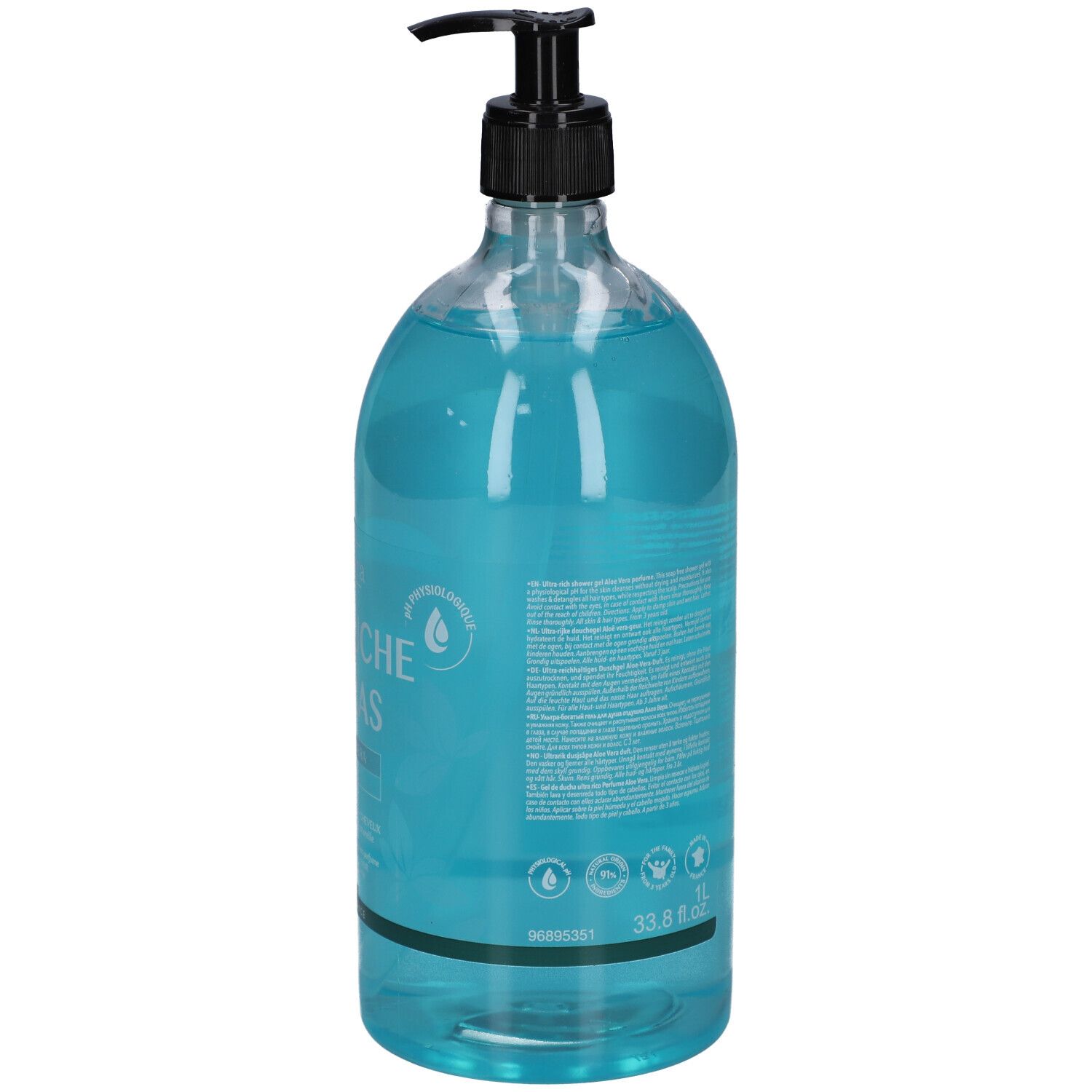 Dos du flacon transparent de gel douche bleu. Distributeur noir. Texte et logos.