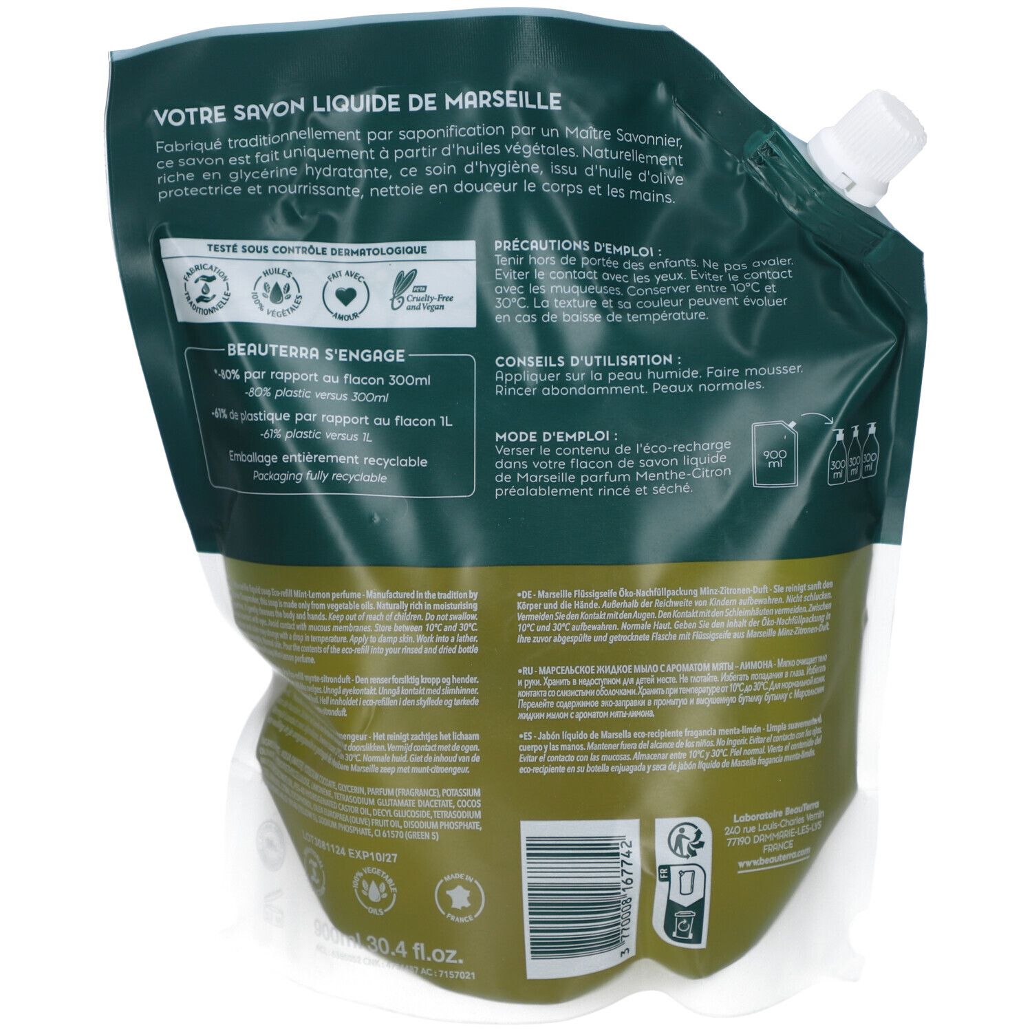 Dos de la recharge. Texte et logos sur fond vert. Contient des informations sur l'utilisation et les ingrédients.