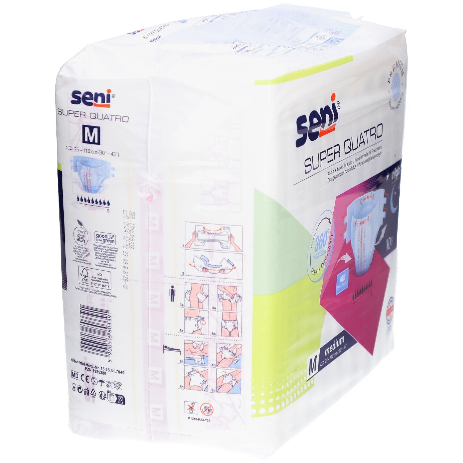 Verpakking Seni Super Quatro Night Medium. Maat M. Achterkant met productinformatie en gebruiksvoorbeelden.
