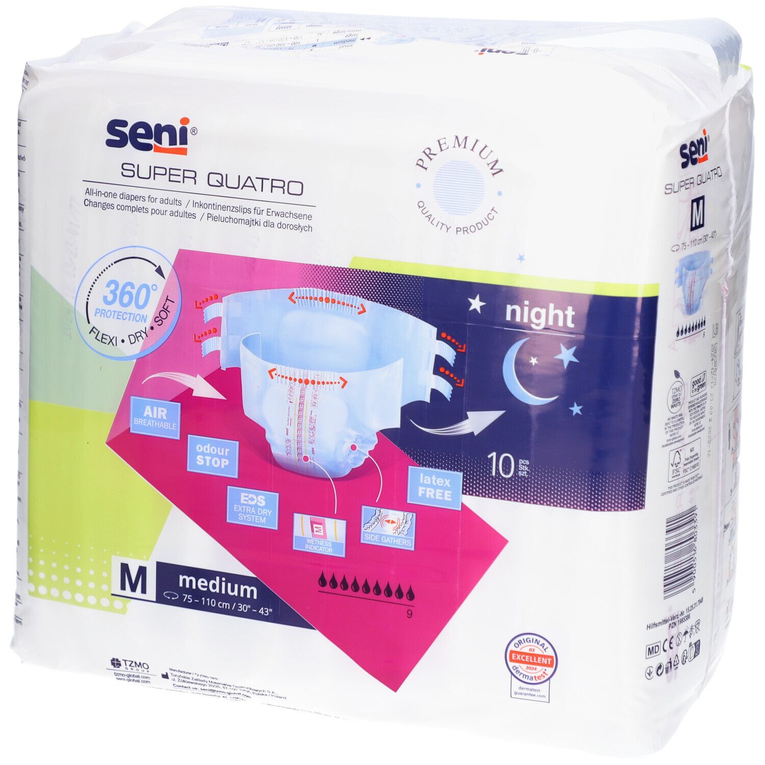 Verpakking Seni Super Quatro Night Medium incontinentiebroekjes. Maat M, 10 stuks. 360° bescherming, flexibel en zacht. Nachtdesign.