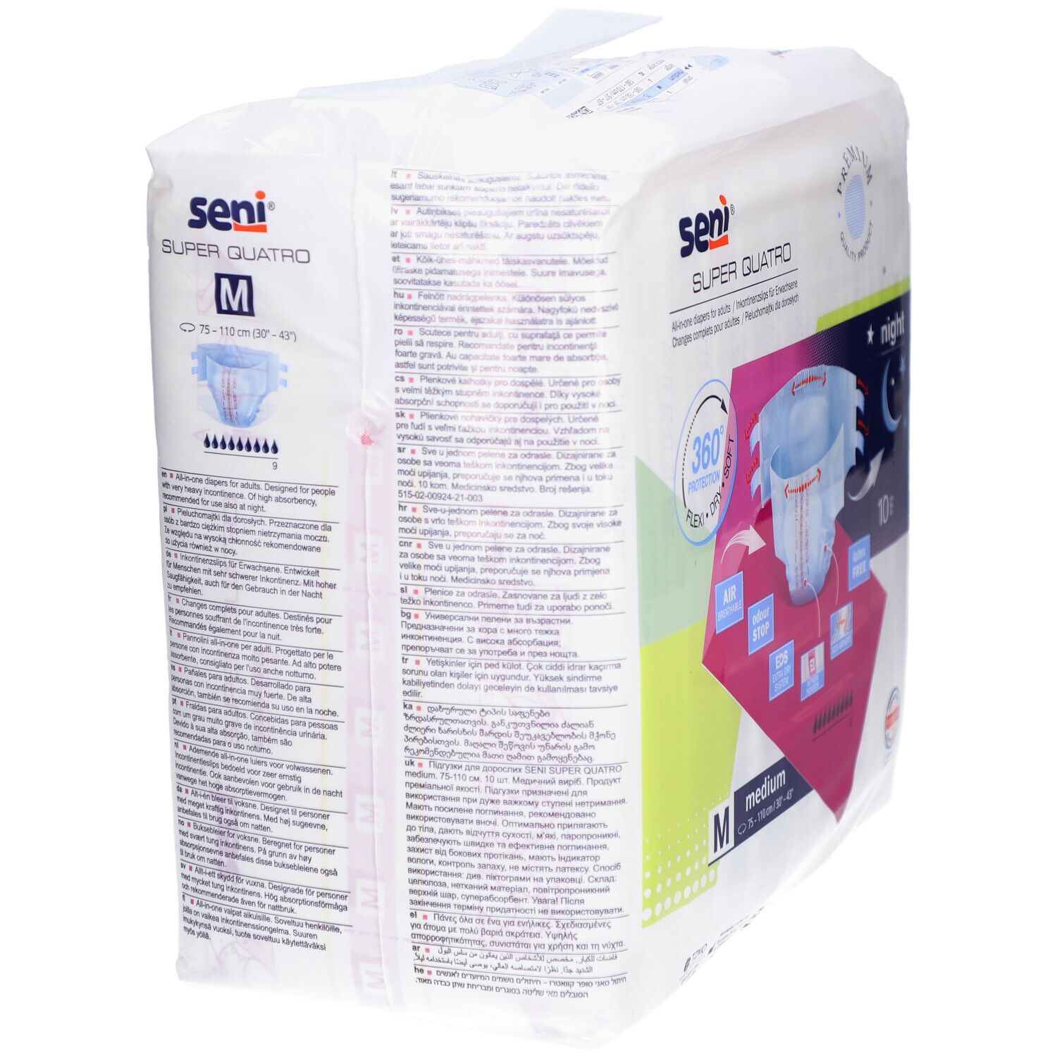 Verpakking Seni Super Quatro Night Medium. Maat M. Achterkant met productinformatie.