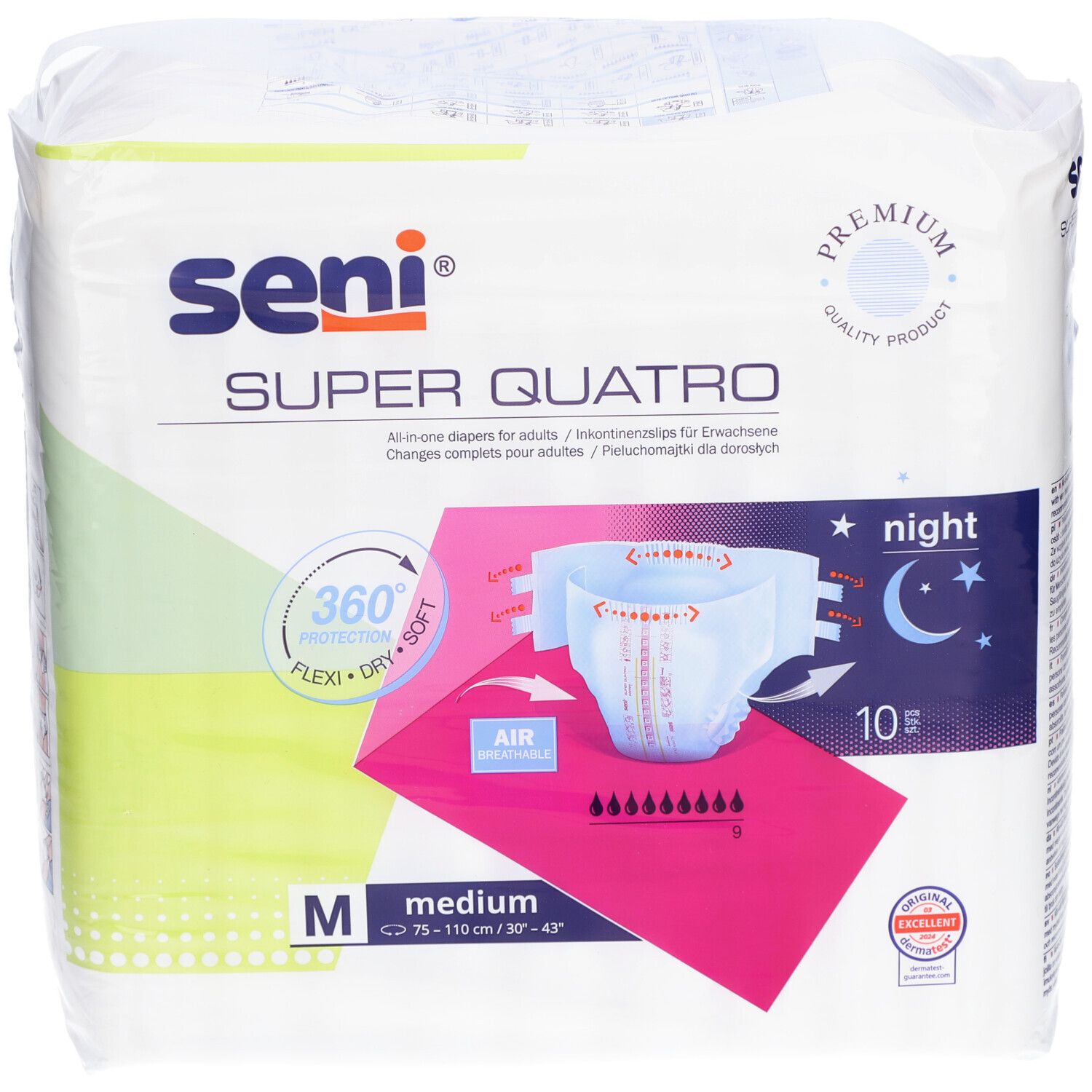 Verpakking Seni Super Quatro Night Medium incontinentiebroekjes. Maat M, 10 stuks. 360° bescherming, flexibel en zacht. Nachtdesign.