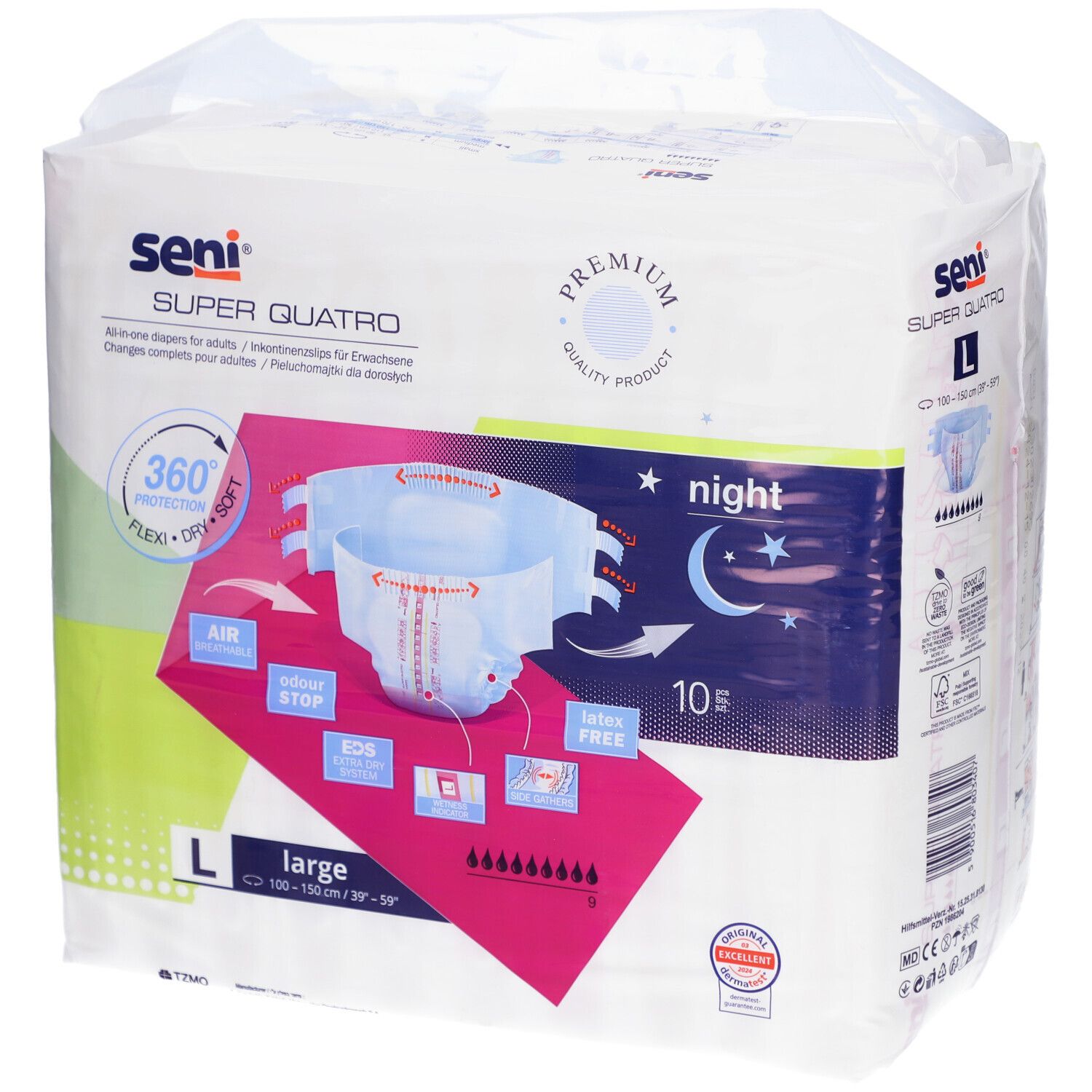 Paquet de Seni Super Quatro L. Inscriptions : Seni, Super Quatro, L, night, 10 pièces. Illustration d'une couche avec caractéristiques.