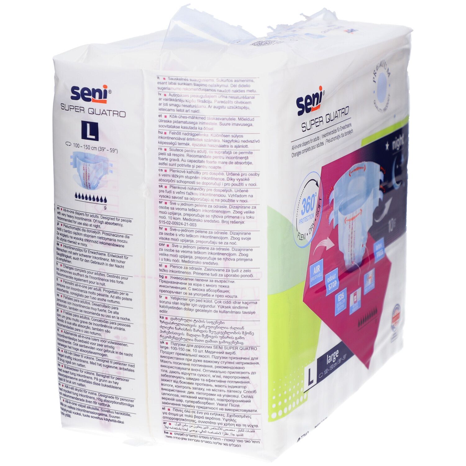 Paquet de Seni Super Quatro L. Inscriptions : Seni, Super Quatro, L, night, 10 pièces. Dos avec informations produit.