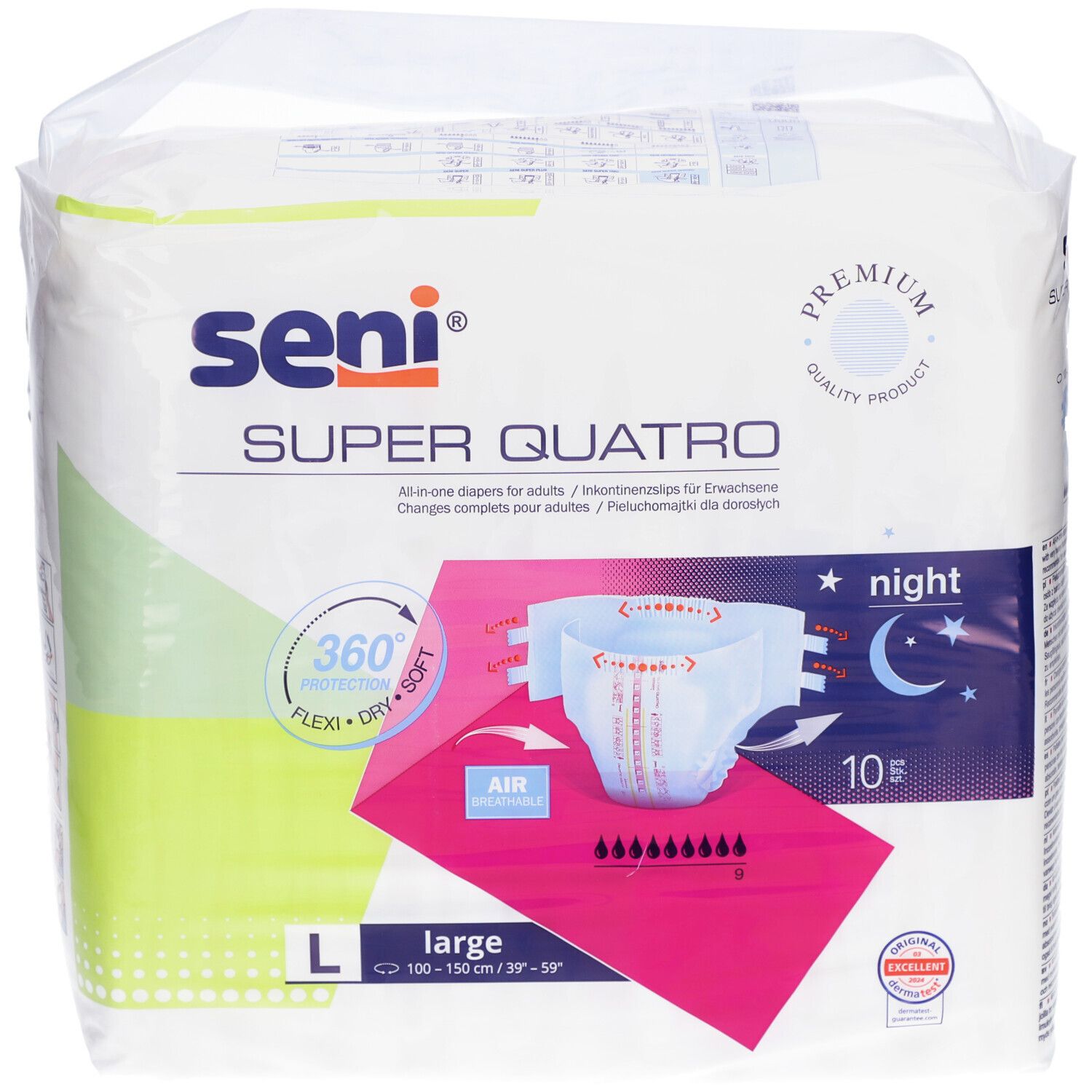 Paquet de Seni Super Quatro L. Inscriptions : Seni, Super Quatro, L, night, 10 pièces. Illustration d'une couche avec caractéristiques.