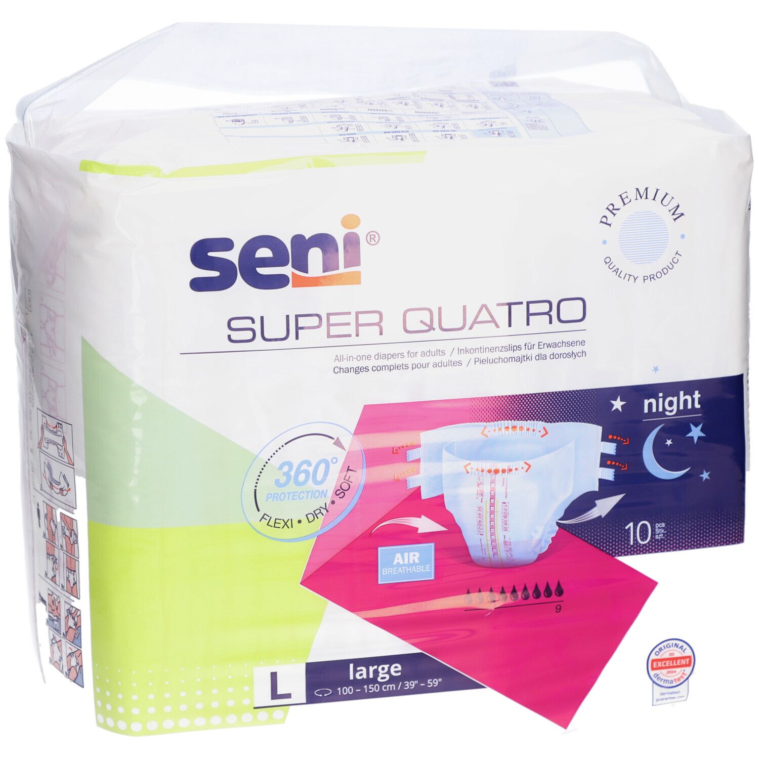 Paquet de Seni Super Quatro L. Inscriptions : Seni, Super Quatro, L, night, 10 pièces. Illustration d'une couche avec caractéristiques.