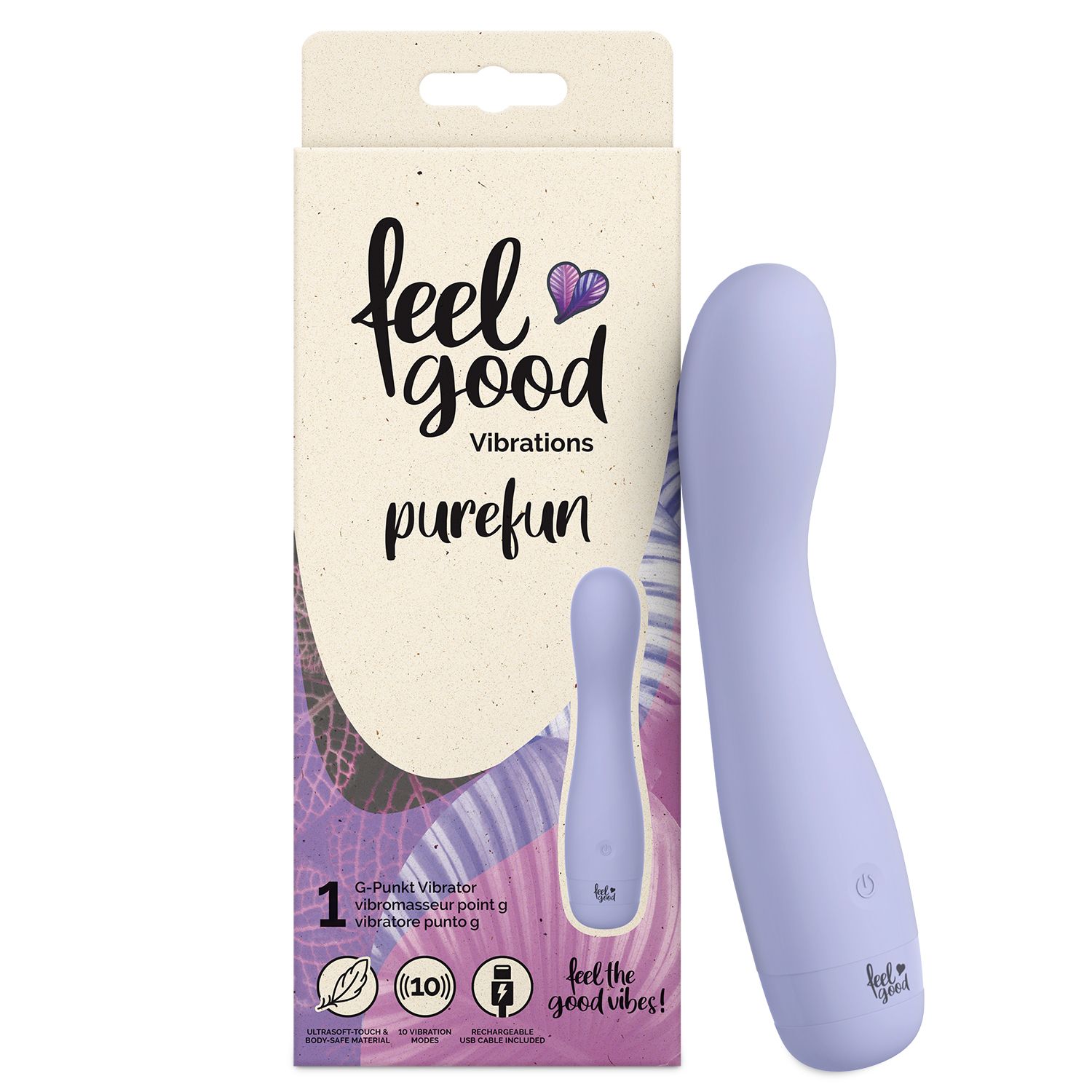 Vibrateur violet et emballage. Emballage avec image du produit et texte. Vibrateur de forme arrondie.