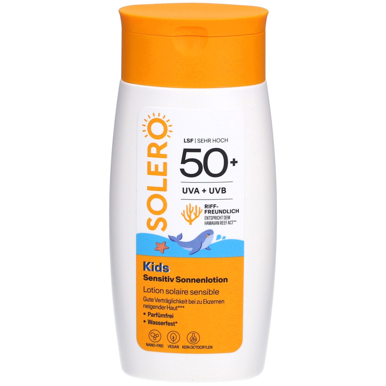 Witte fles met oranje dop. Opschrift: SOLERO, 50+, UVA+UVB, Kids Sensitiv Sonnenlotion.