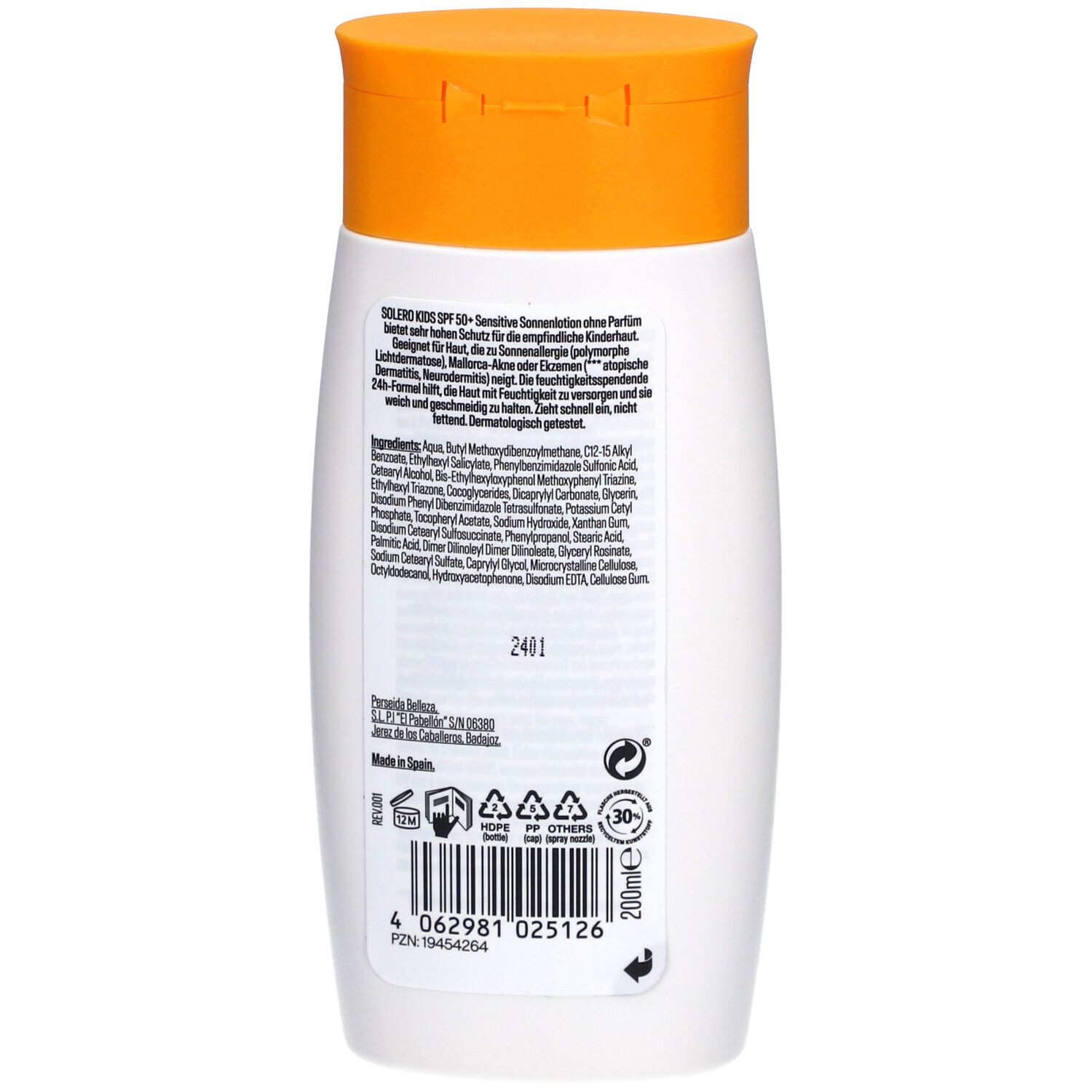 Achterkant van de witte fles. Tekst: SOLERO Sonnenschutz-Lotion Kinder SPF50+. Ingrediënten, recycling symbolen, 200ml.