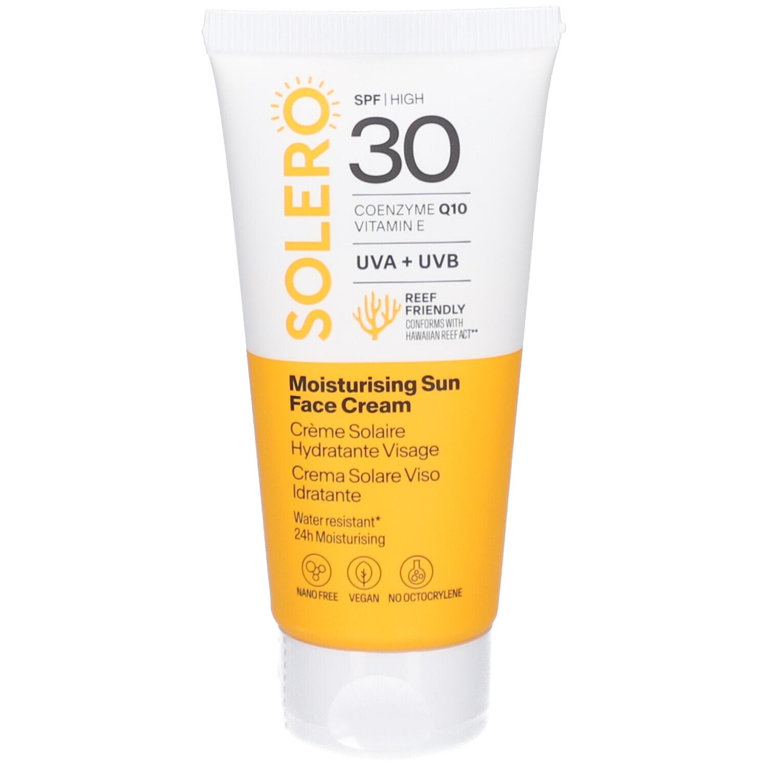 Witte tube SOLERO zonnecrème SPF30. Geel gedeelte met productnaam en ingrediënten. Bevat UVA+UVB en is waterbestendig.
