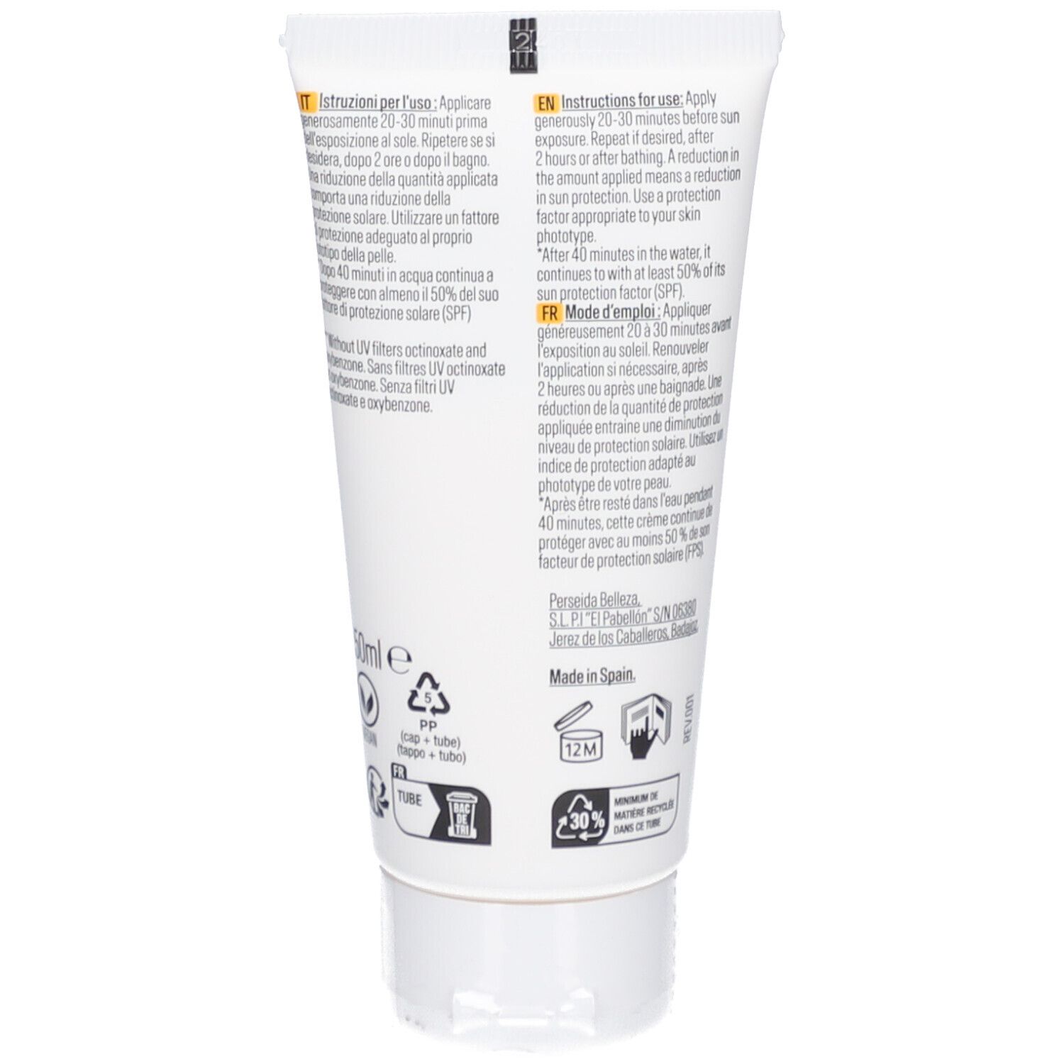 Achterkant van de SOLERO zonnecrèmetube. Bevat meertalige instructies, ingrediënten en recyclingsymbolen.