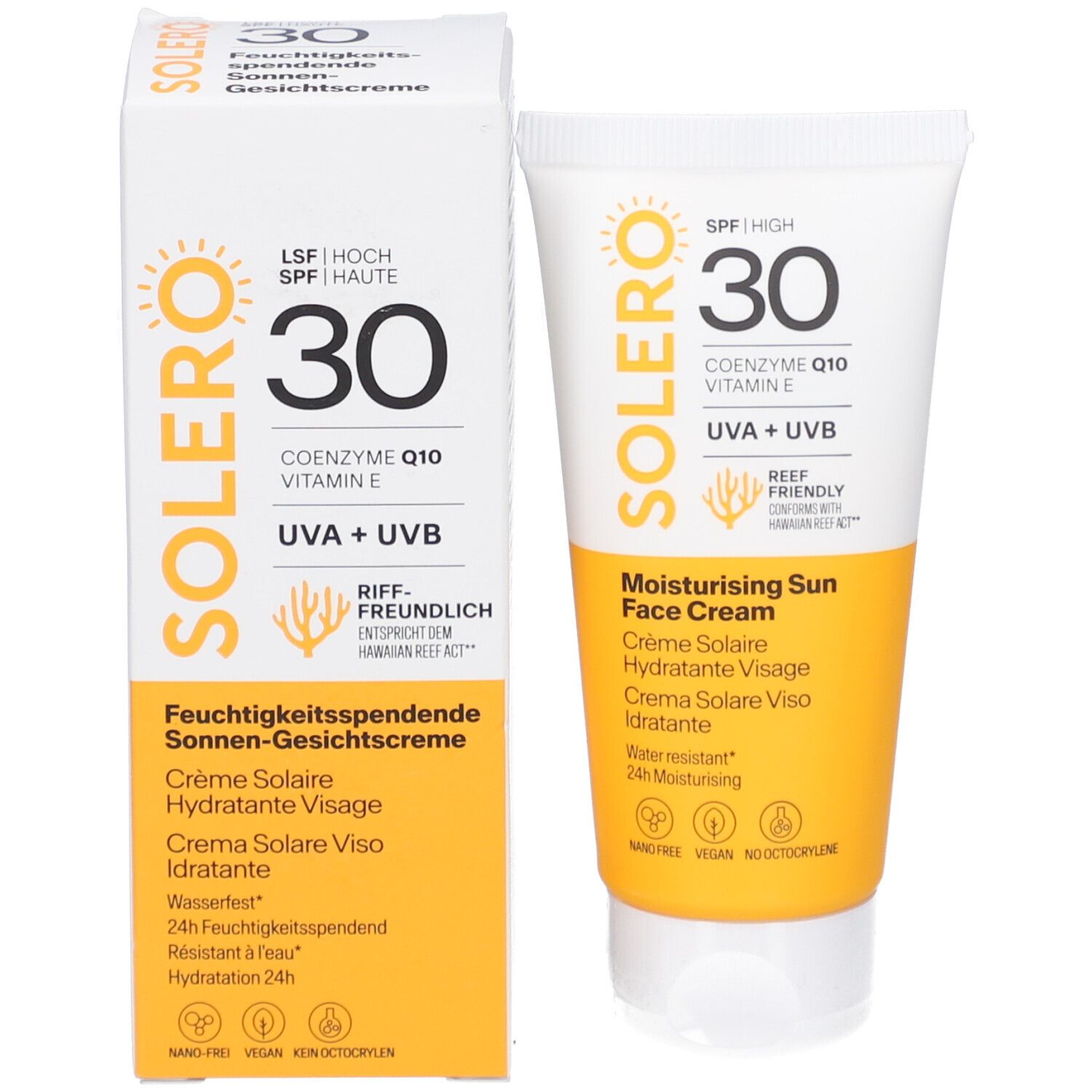 SOLERO zonnecrème SPF30 tube en doos. Doos toont productnaam, SPF30 en ingrediënten. Tube ernaast.