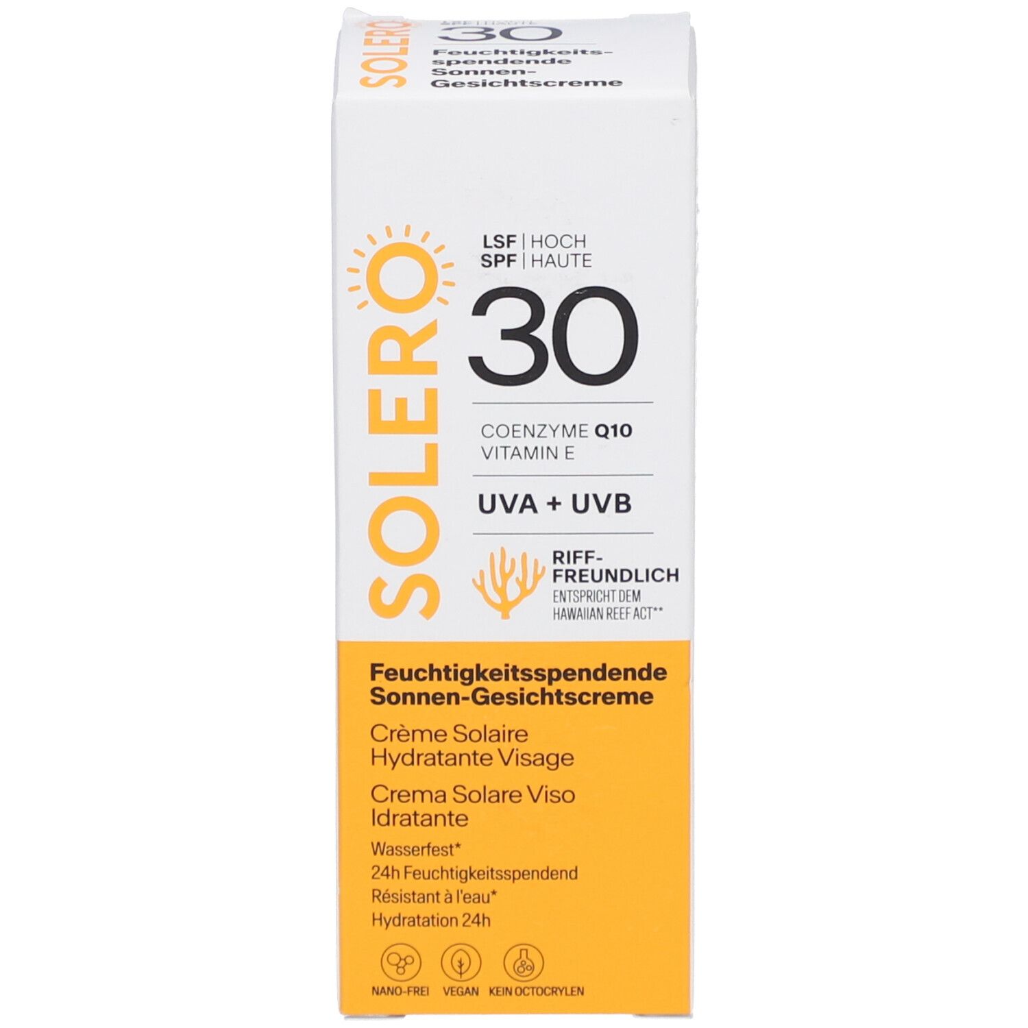 SOLERO zonnecrème SPF30 doos. Toont productnaam, SPF30, ingrediënten en certificeringen. Geel gedeelte.