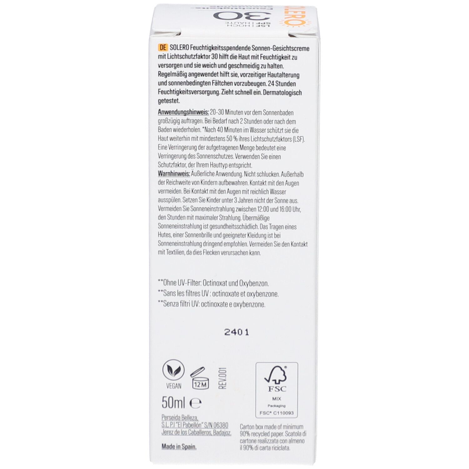 SOLERO zonnecrèmedoos. Bevat productinformatie, ingrediënten, waarschuwingen en recyclingsymbolen.