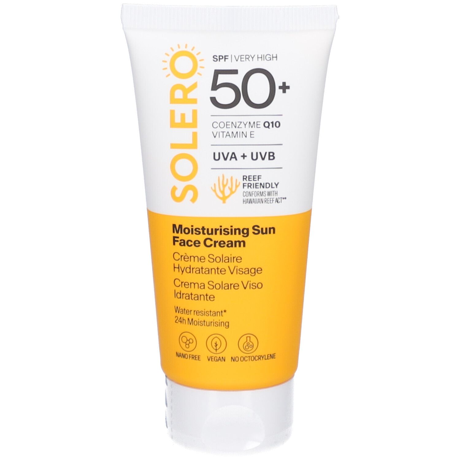 Tube blanc et jaune. Inscription SOLERO, SPF 50+, Coenzyme Q10, Vitamine E, UVA+UVB. Crème solaire hydratante visage.