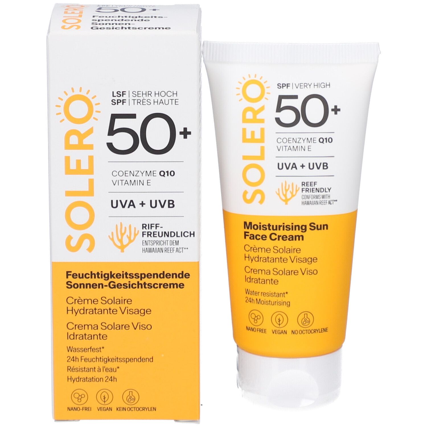 Emballage du produit avec tube et boîte. Tube : SOLERO, SPF 50+, Coenzyme Q10, Vitamine E, UVA+UVB. Boîte : Crème solaire hydratante visage.