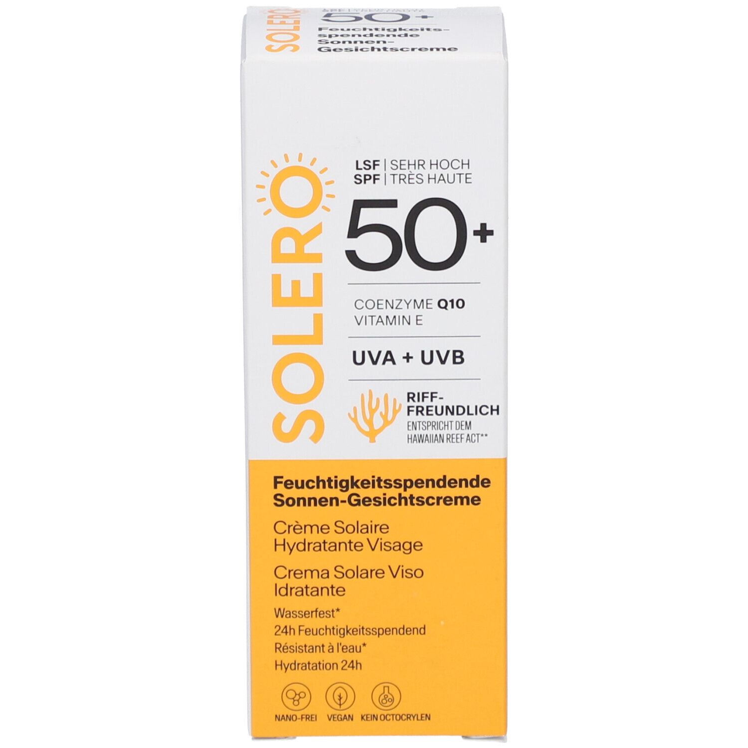 Emballage en carton. Inscription SOLERO, SPF 50+, Coenzyme Q10, Vitamine E, UVA+UVB. Crème solaire hydratante visage. Respectueux des récifs.