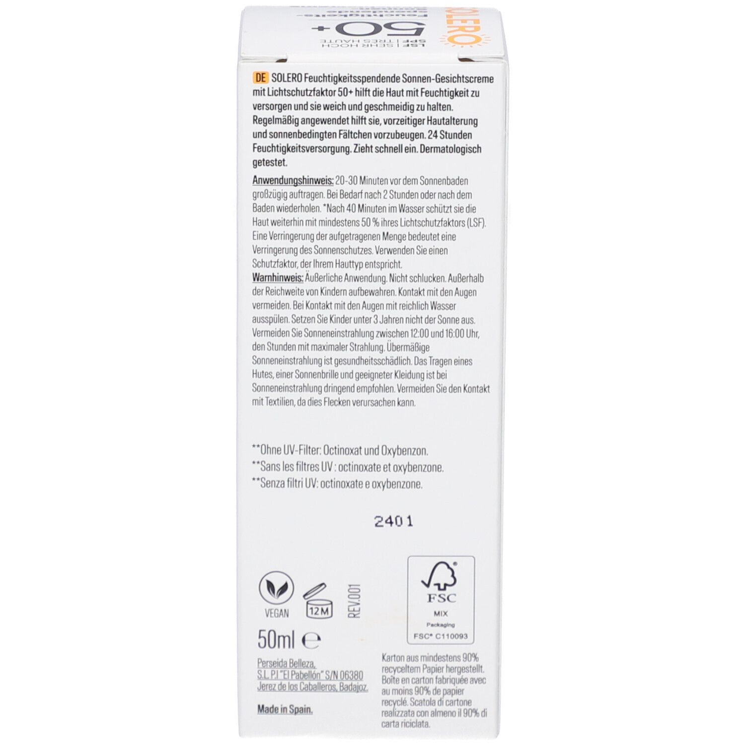 Dos de l'emballage en carton. Texte en allemand. Instructions d'utilisation, ingrédients et fabricant. Symboles de recyclage. Label FSC.