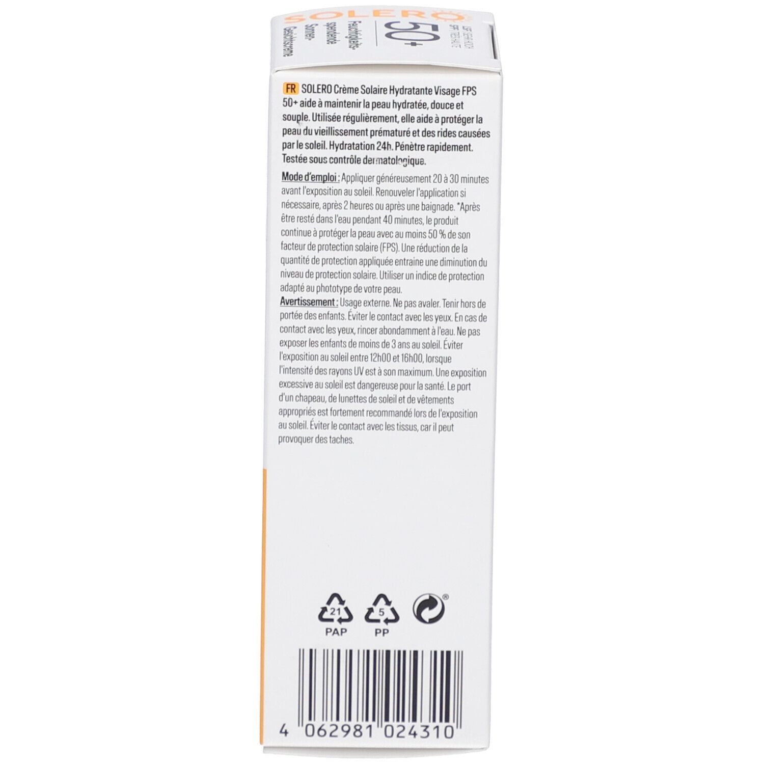 Dos de l'emballage en carton. Texte en français. Instructions d'utilisation, ingrédients et fabricant. Symboles de recyclage. Code-barres.