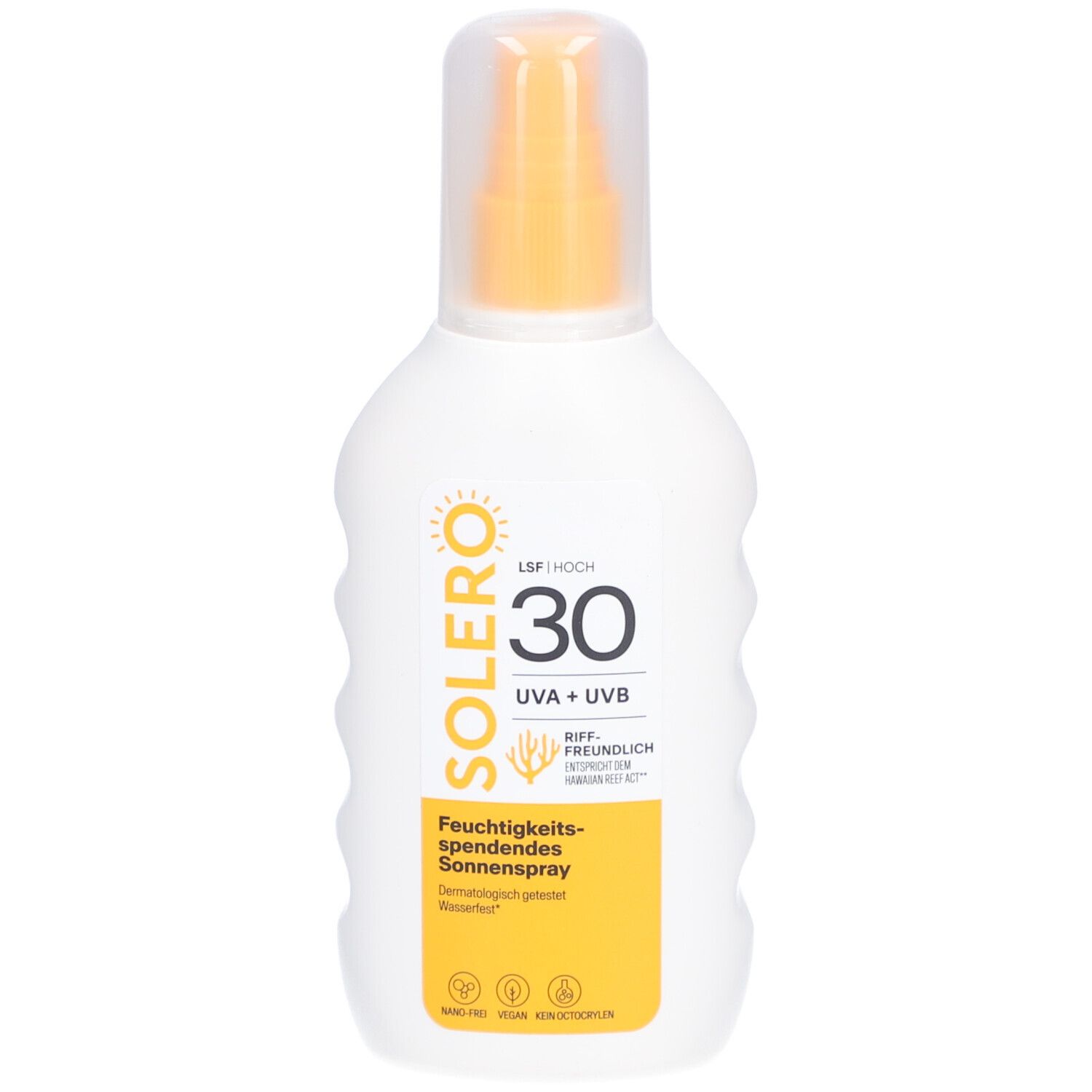 Flacon spray blanc avec impression jaune. SOLERO, SPF 30, UVA+UVB. Spray solaire hydratant.