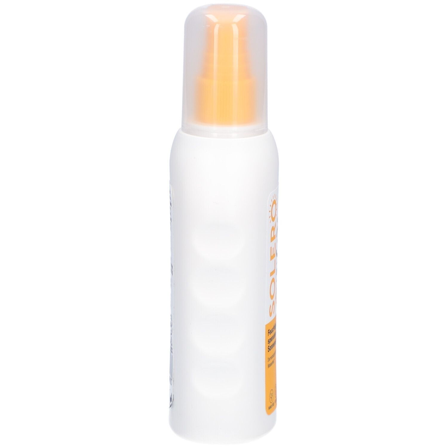 Flacon spray blanc avec impression jaune. SOLERO, SPF 30, UVA+UVB. Spray solaire hydratant.