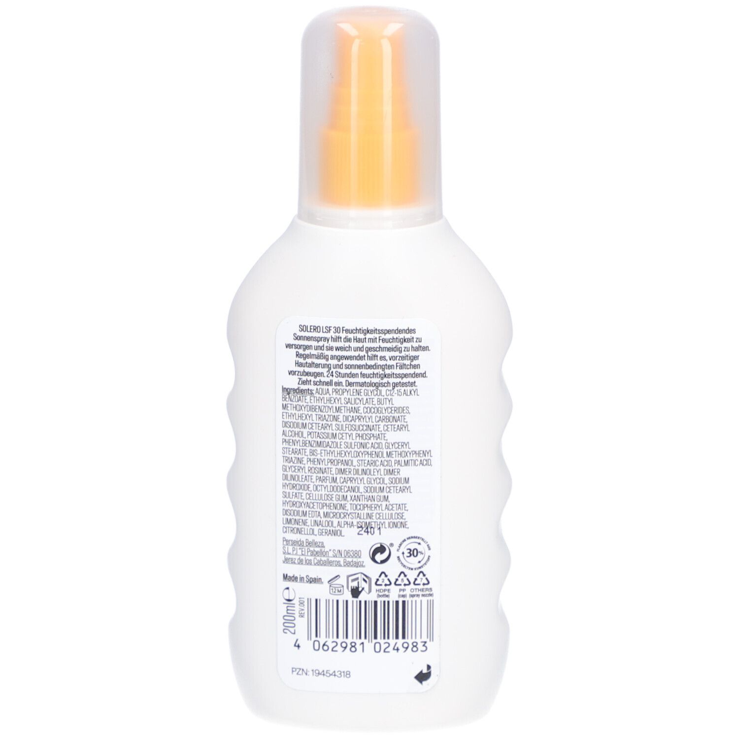 Dos d'un flacon spray blanc. Texte: SOLERO SPF 30, ingrédients, 200ml, code-barres, symboles de recyclage.