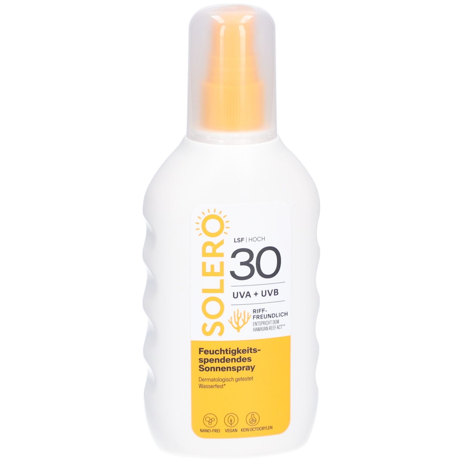 Flacon spray blanc avec impression jaune. SOLERO, SPF 30, UVA+UVB. Spray solaire hydratant.