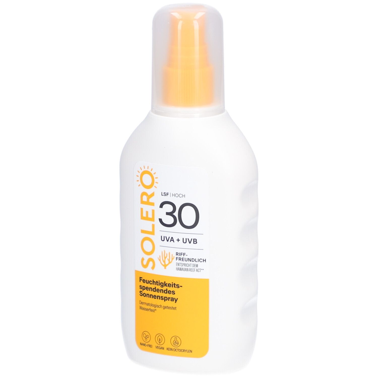 Flacon spray blanc avec impression jaune. SOLERO, SPF 30, UVA+UVB. Spray solaire hydratant.