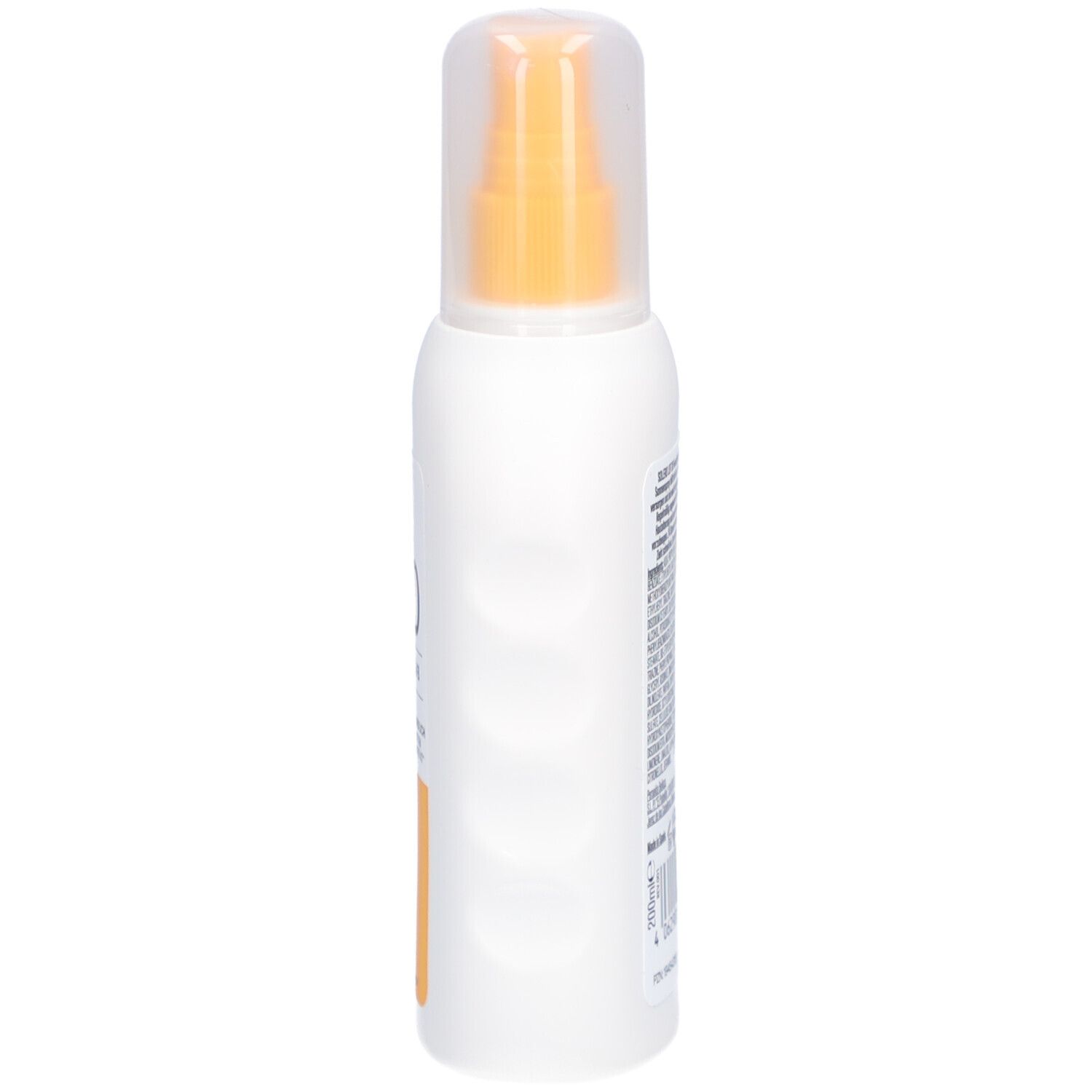 Flacon spray blanc avec impression jaune. SOLERO, SPF 30, UVA+UVB. Spray solaire hydratant.