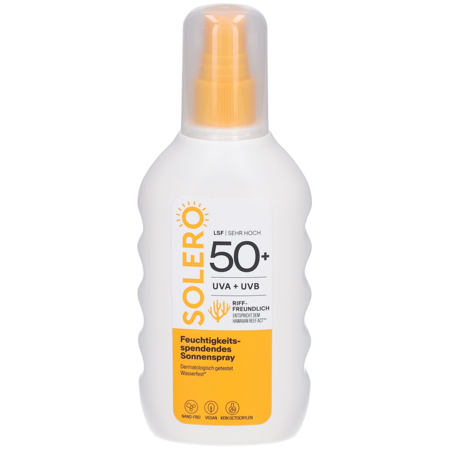 Flacon blanc avec bouchon jaune. Inscription SOLERO, SPF 50+, UVA+UVB. Spray solaire hydratant.
