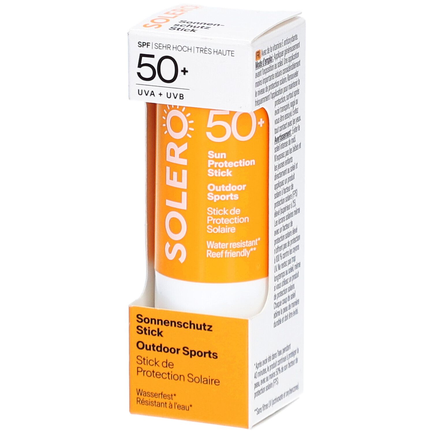SOLERO zonnebrandstift Outdoor Sport SPF50+ in verpakking. Oranje stick met witte basis. Tekst: SPF 50+, UVA+UVB, waterbestendig.