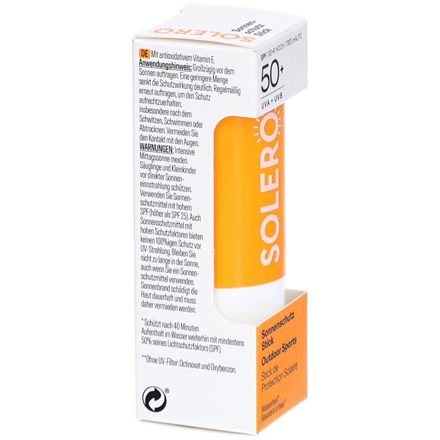 Verpakking van SOLERO zonnebrandstift. Tekst: SPF 50+, UVA+UVB. Bevat informatie over gebruik en ingrediënten. Oranje stick zichtbaar.