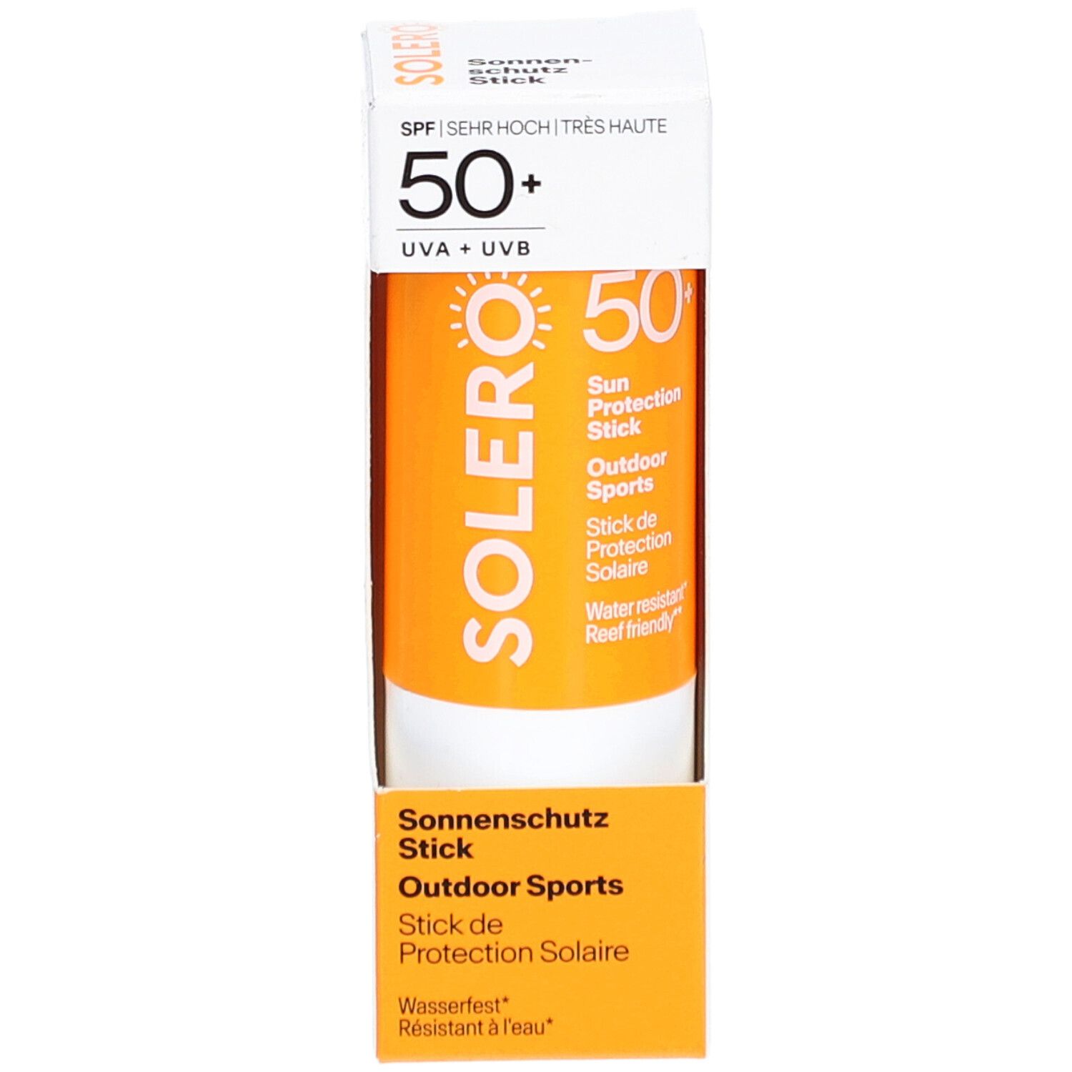 SOLERO zonnebrandstift Outdoor Sport SPF50+ in verpakking. Oranje stick met witte basis. Tekst: SPF 50+, UVA+UVB, waterbestendig.
