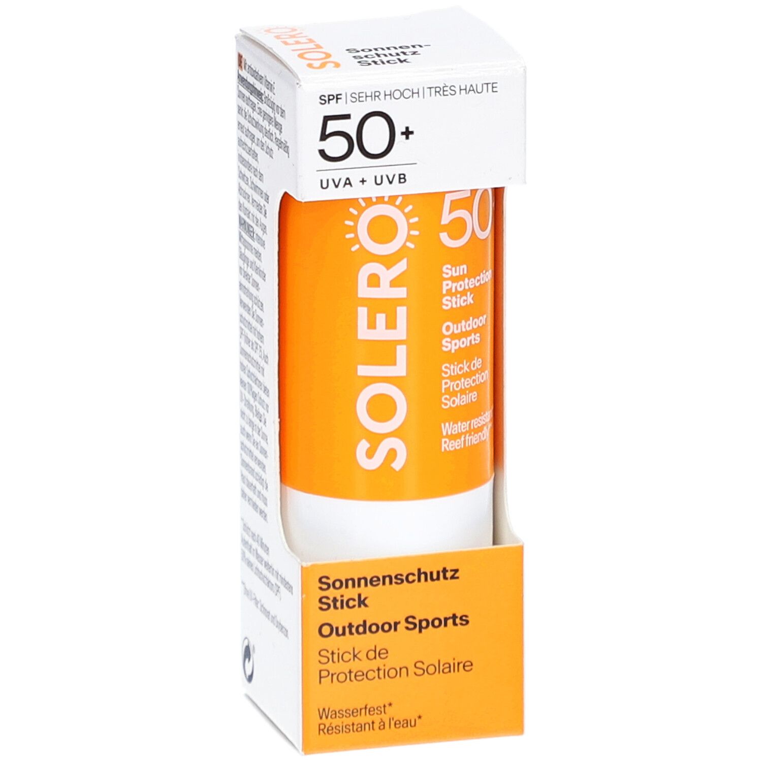 SOLERO zonnebrandstift Outdoor Sport SPF50+ in verpakking. Oranje stick met witte basis. Tekst: SPF 50+, UVA+UVB, waterbestendig.