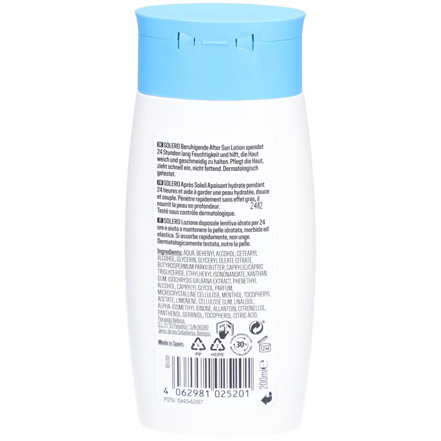 Achterkant van SOLERO After Sun Lotion. Tekst en ingrediënten. Fles met blauwe dop. Logo's: vegan, nano-vrij. Volume: 200ml.