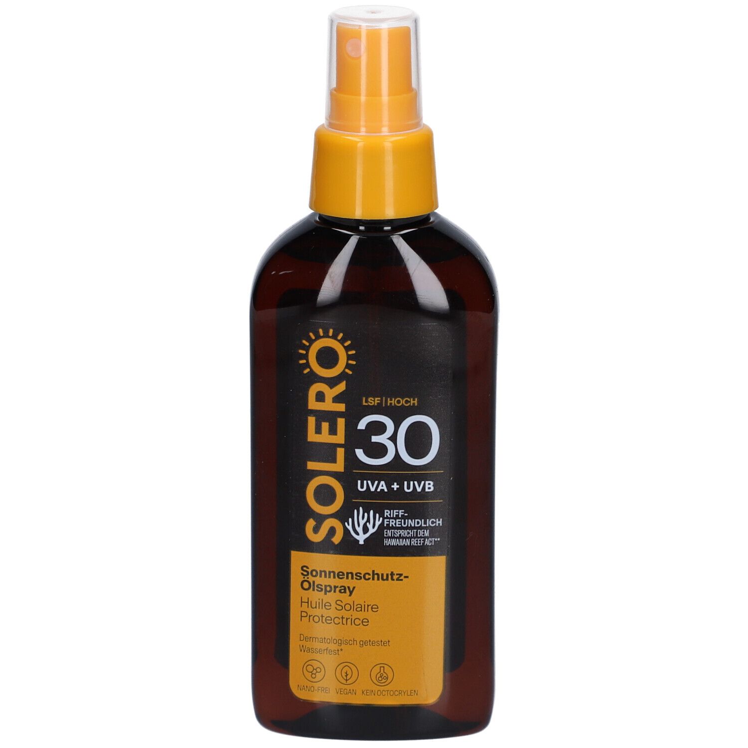SOLERO spray huile solaire SPF30. Flacon brun avec vaporisateur jaune. Texte: UVA+UVB, facteur 30.