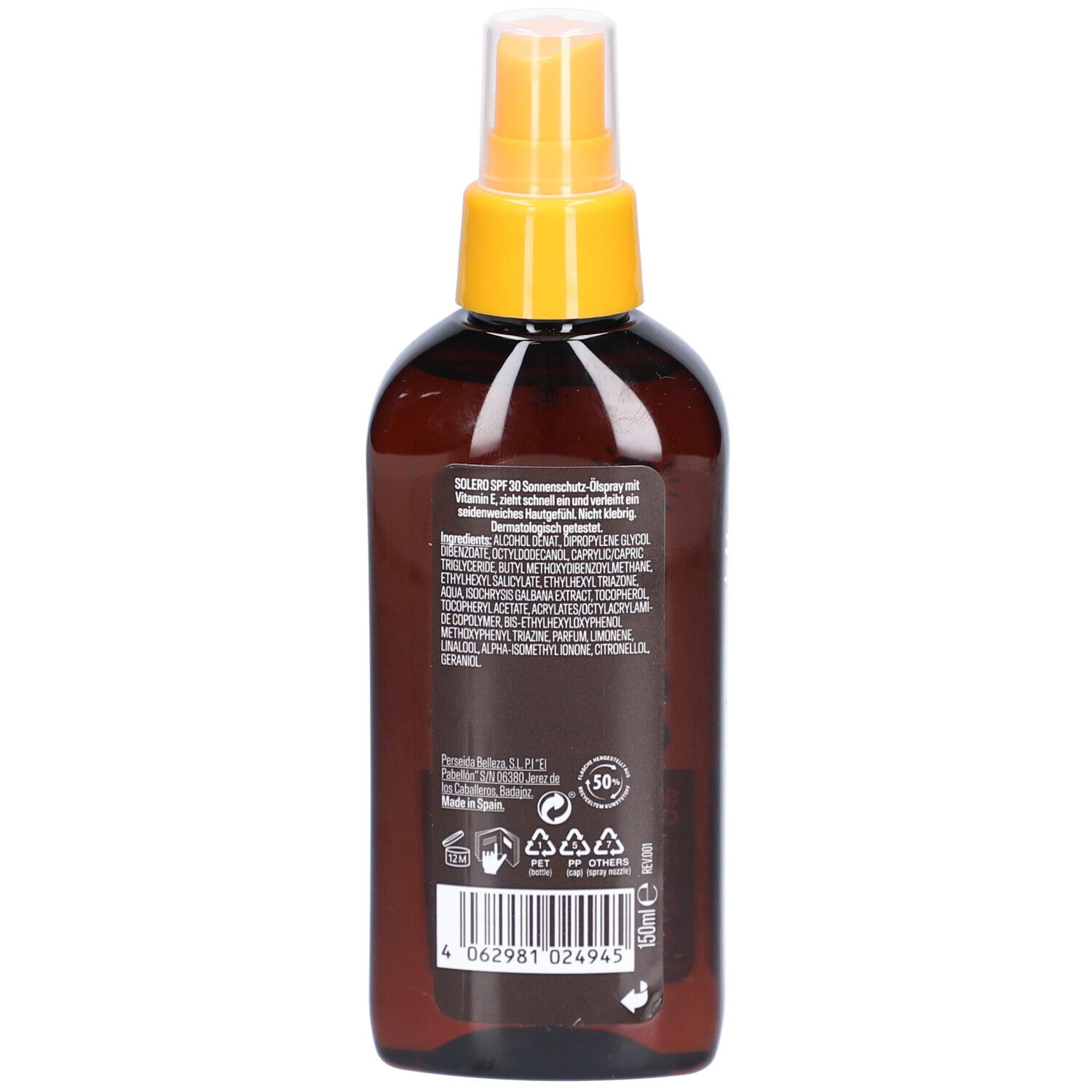 Dos du flacon de spray huile solaire SOLERO. Contient ingrédients et informations. 150ml.