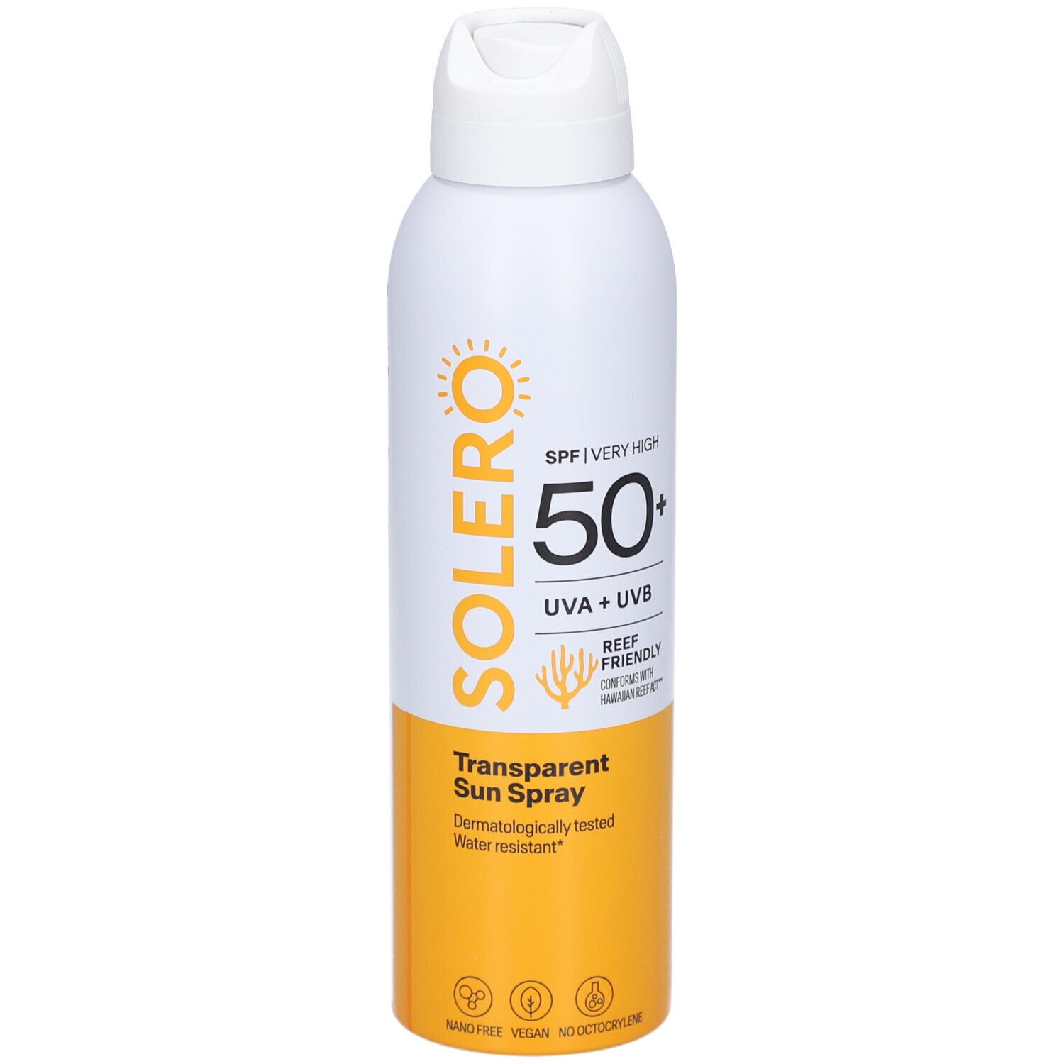 Flacon spray blanc et jaune avec logo SOLERO, SPF 50+, UVA+UVB, Transparent Sun Spray. Résistant à l'eau.