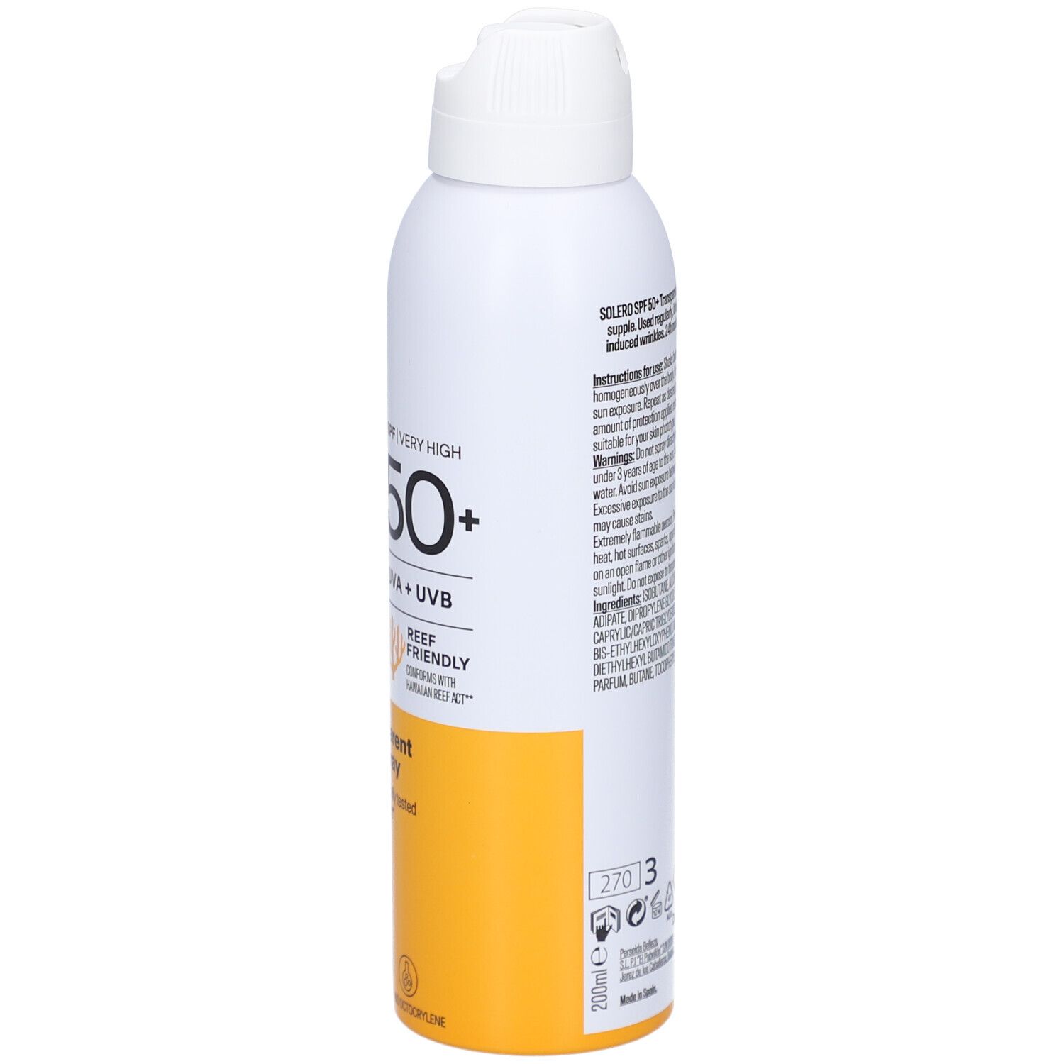 Flacon spray blanc avec texte. Contient SPF 50+, UVA+UVB, Transparent Sun Spray. 200ml.