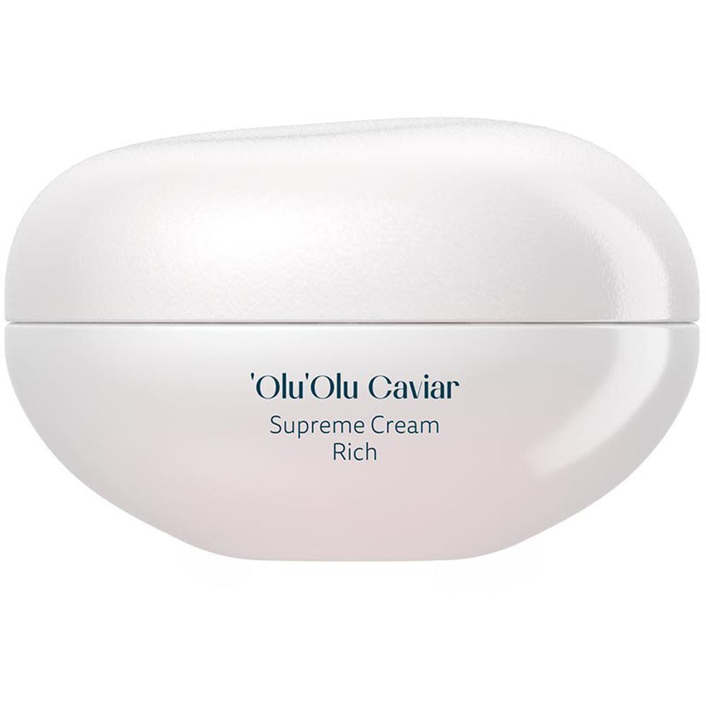 Witte pot met deksel. Opschrift: 'Olu 'Olu Caviar Supreme Cream Rich.