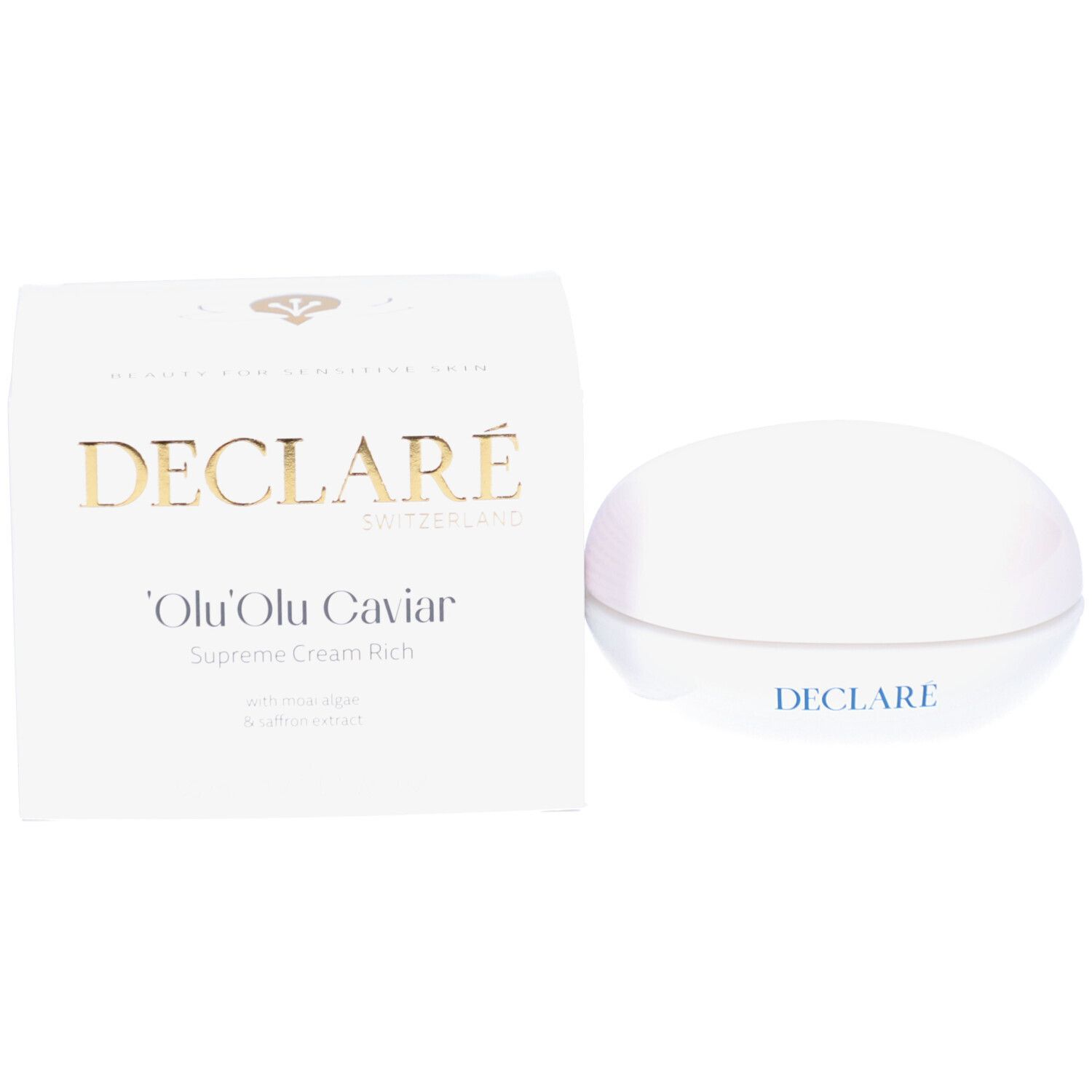 Witte pot met deksel. Opschrift: DECLARÉ, doos.