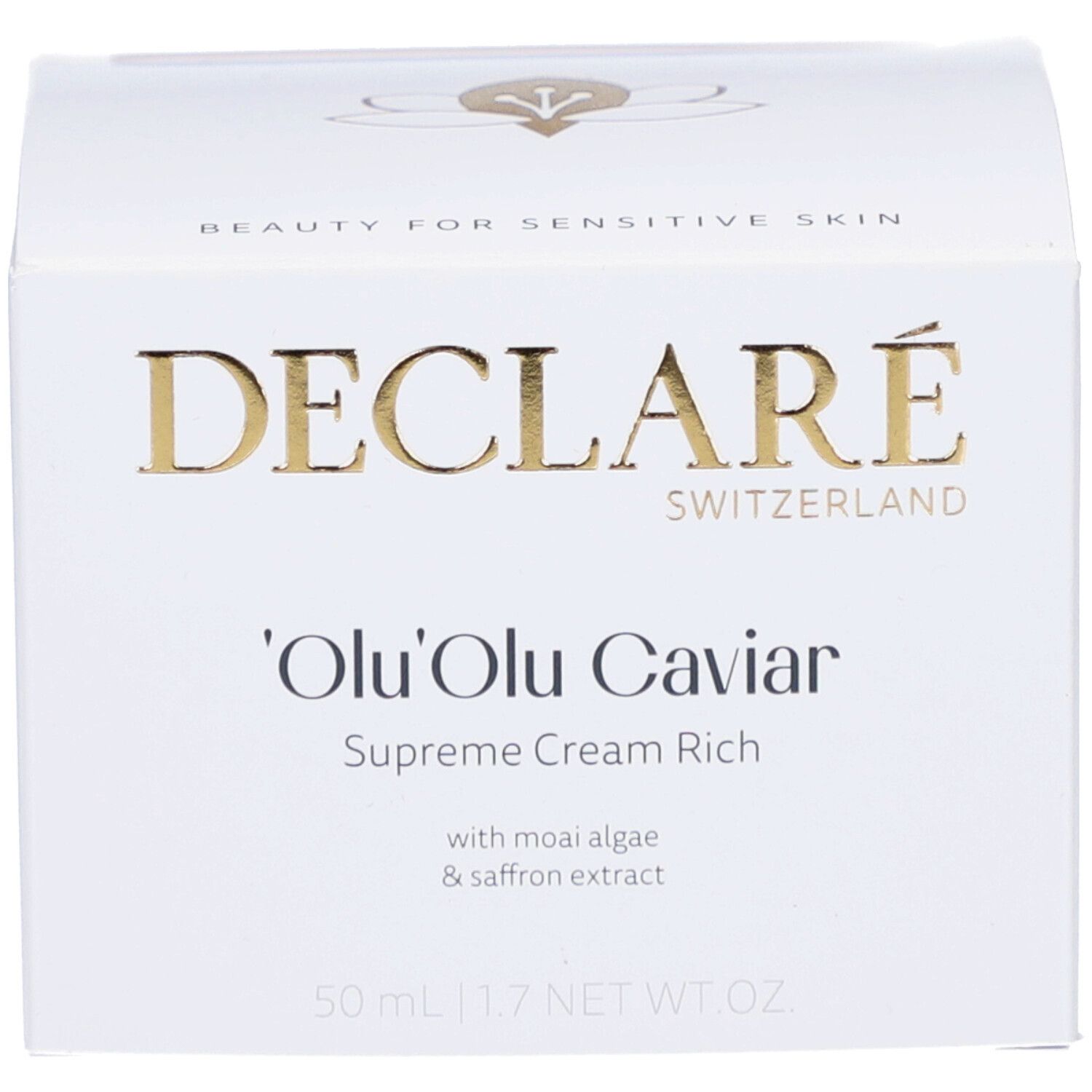 Doos en pot. Opschrift: DECLARÉ, 'Olu 'Olu Caviar Supreme Cream Rich.