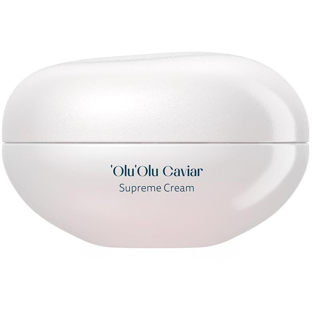 Witte pot met deksel. Opschrift: 'Olu'Olu Caviar Supreme Cream.