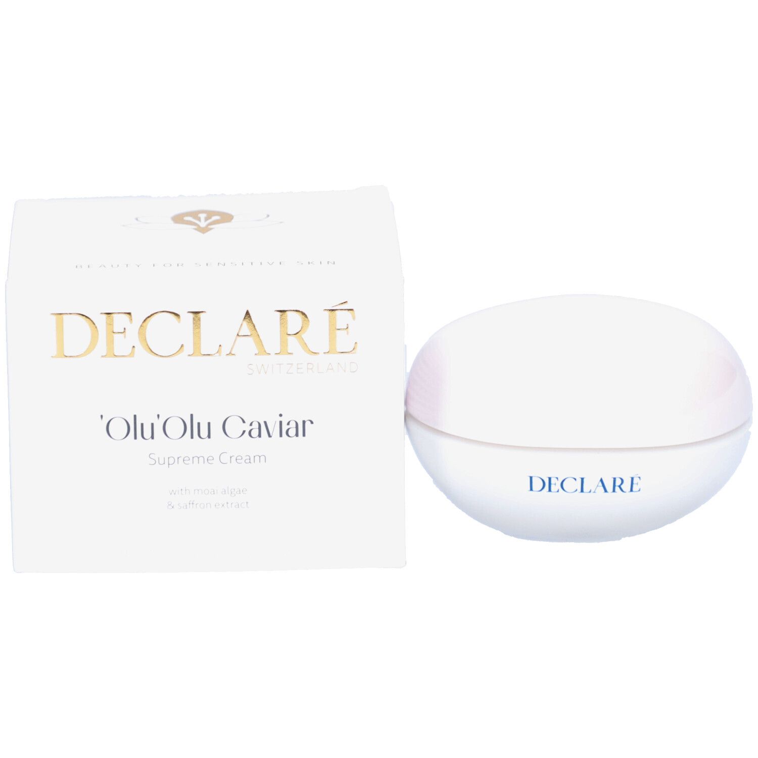 Productverpakking en pot. Opschrift: DECLARE, 'Olu'Olu Caviar Supreme Cream.