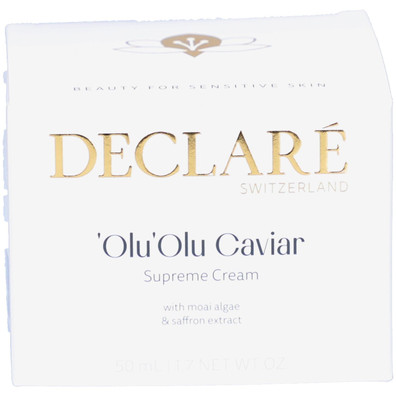 Productverpakking. Opschrift: DECLARE, 'Olu'Olu Caviar Supreme Cream.